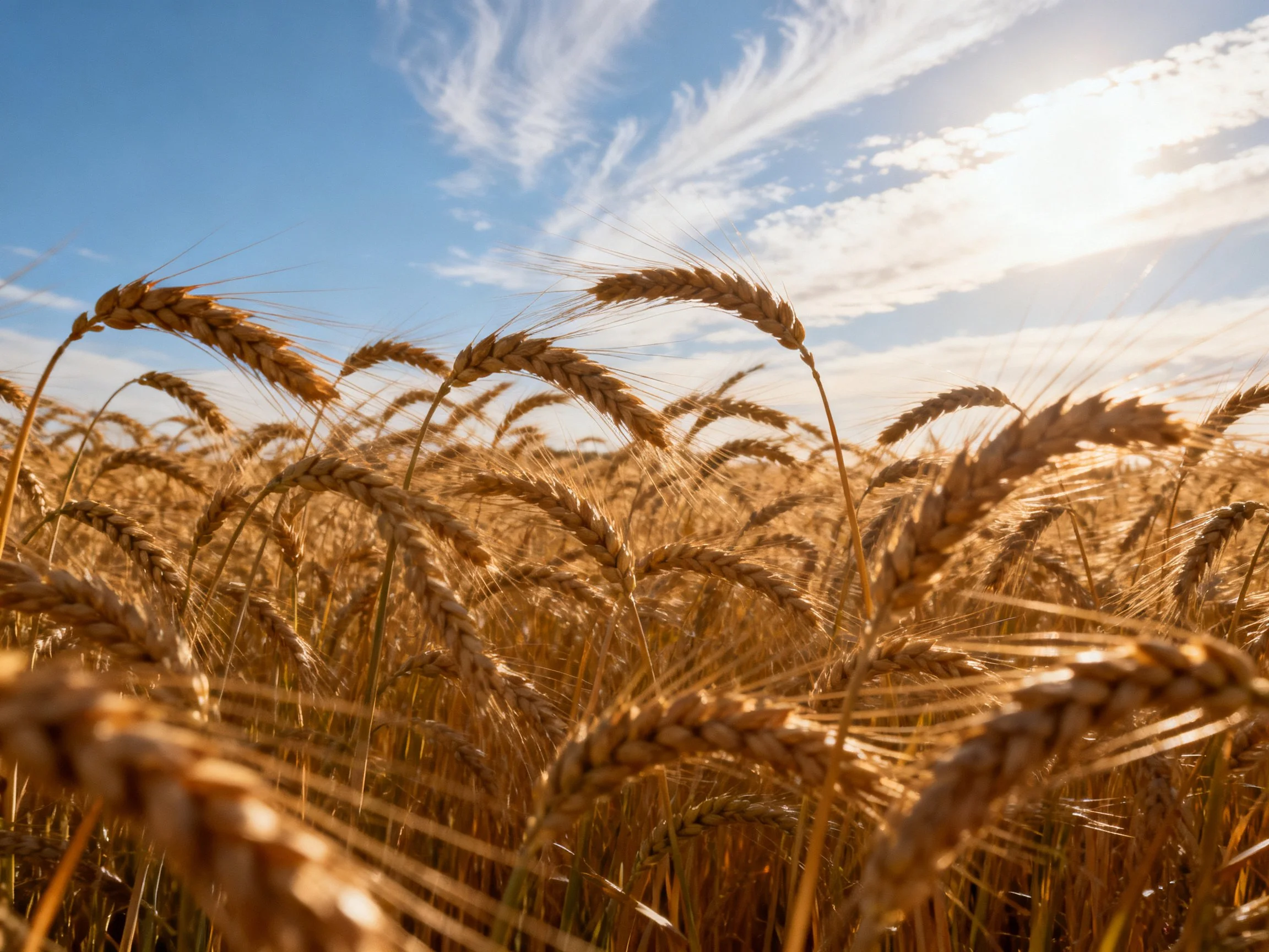 Golden wheat field under sunny blue sky