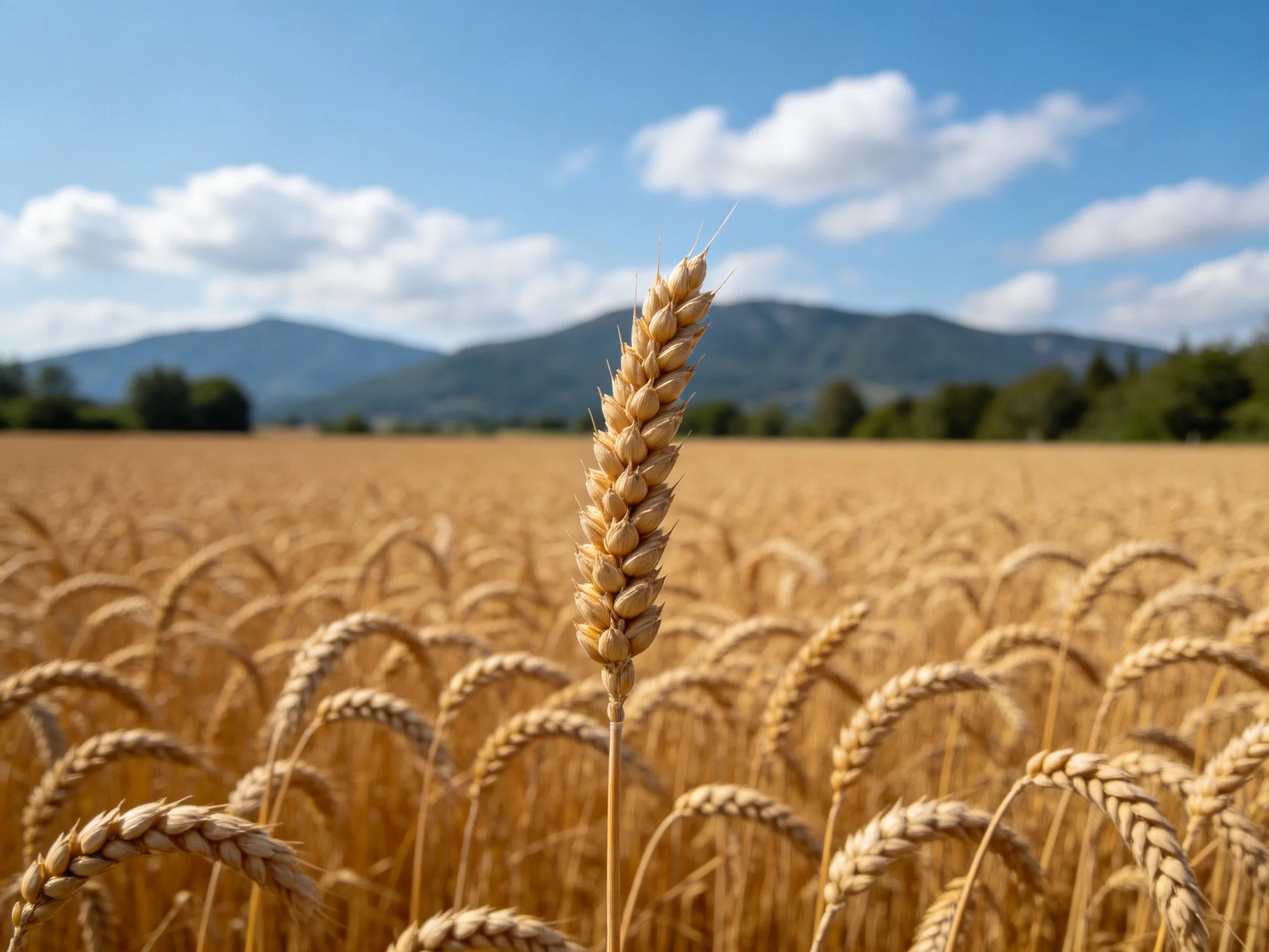 Golden wheat field with a central single stalk, mountain backdrop, bright blue sky