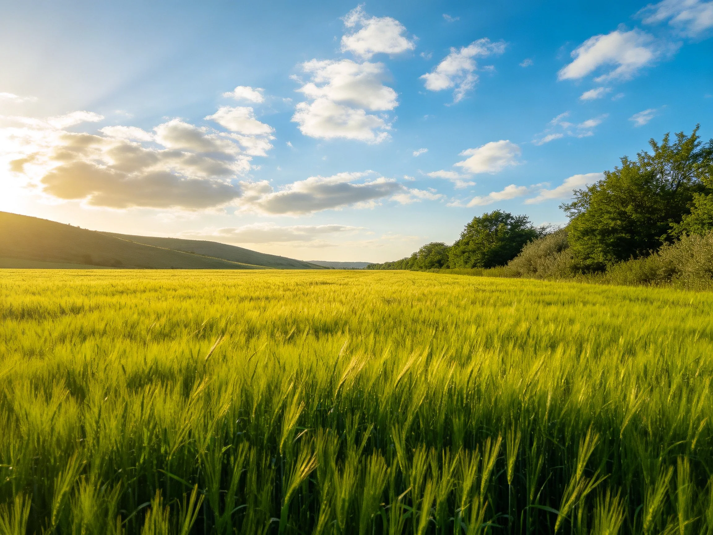 Golden wheat field with blue sky and distant rolling hills