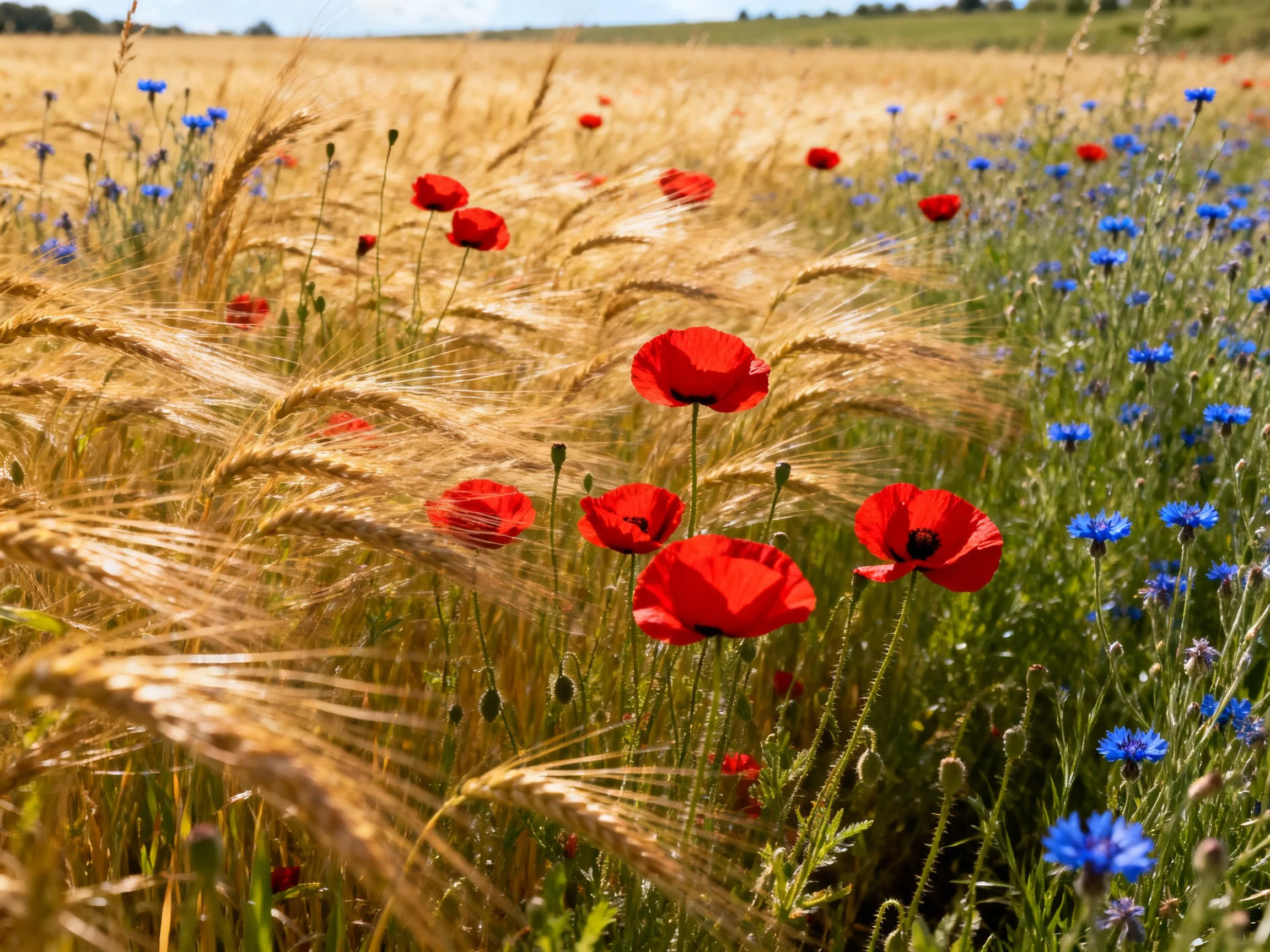 Golden wheat field with bright red poppies and blue wildflowers