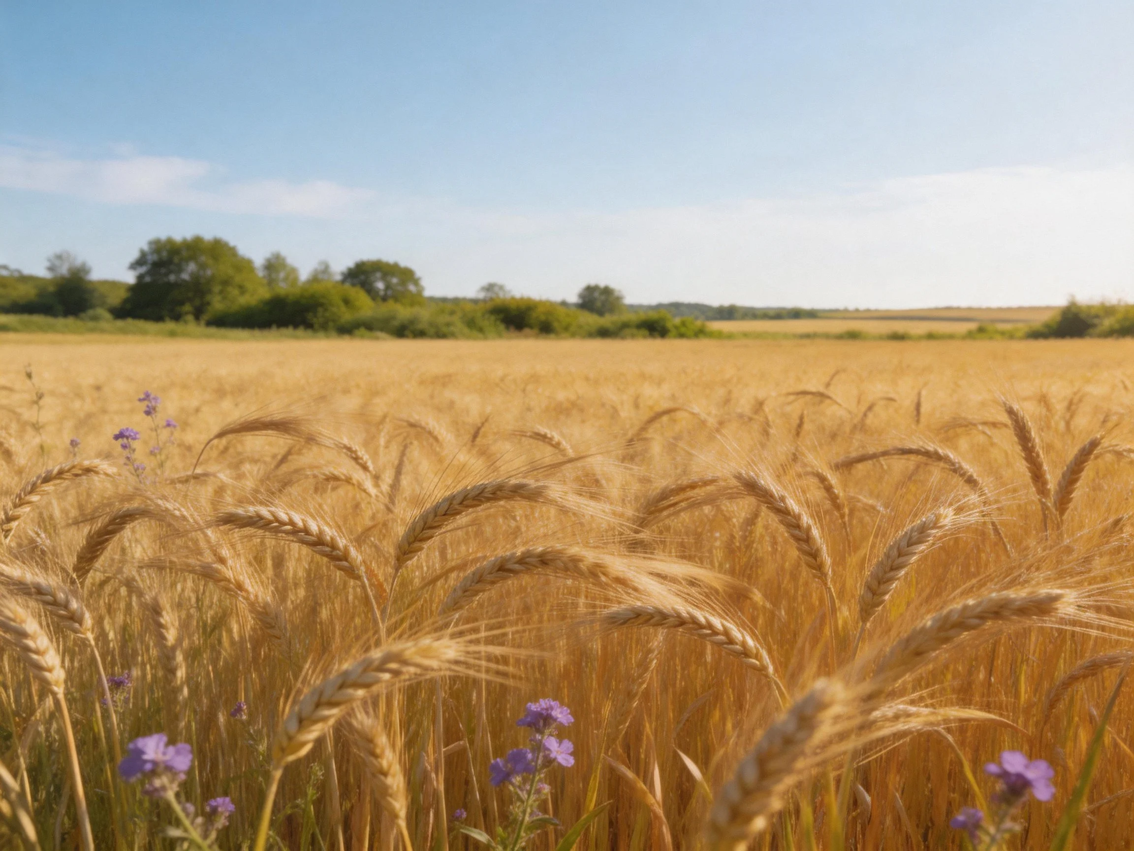 Golden wheat field with purple wildflowers and green trees under clear sky