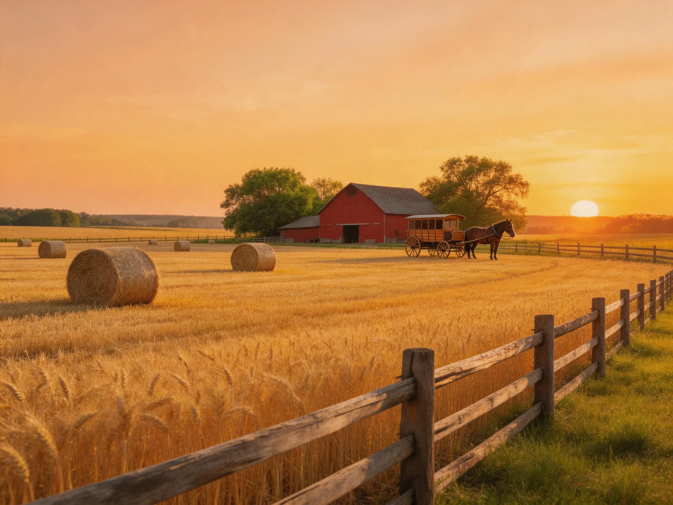 Golden wheat field with red barn, hay bales, and horse-drawn carriage at sunset