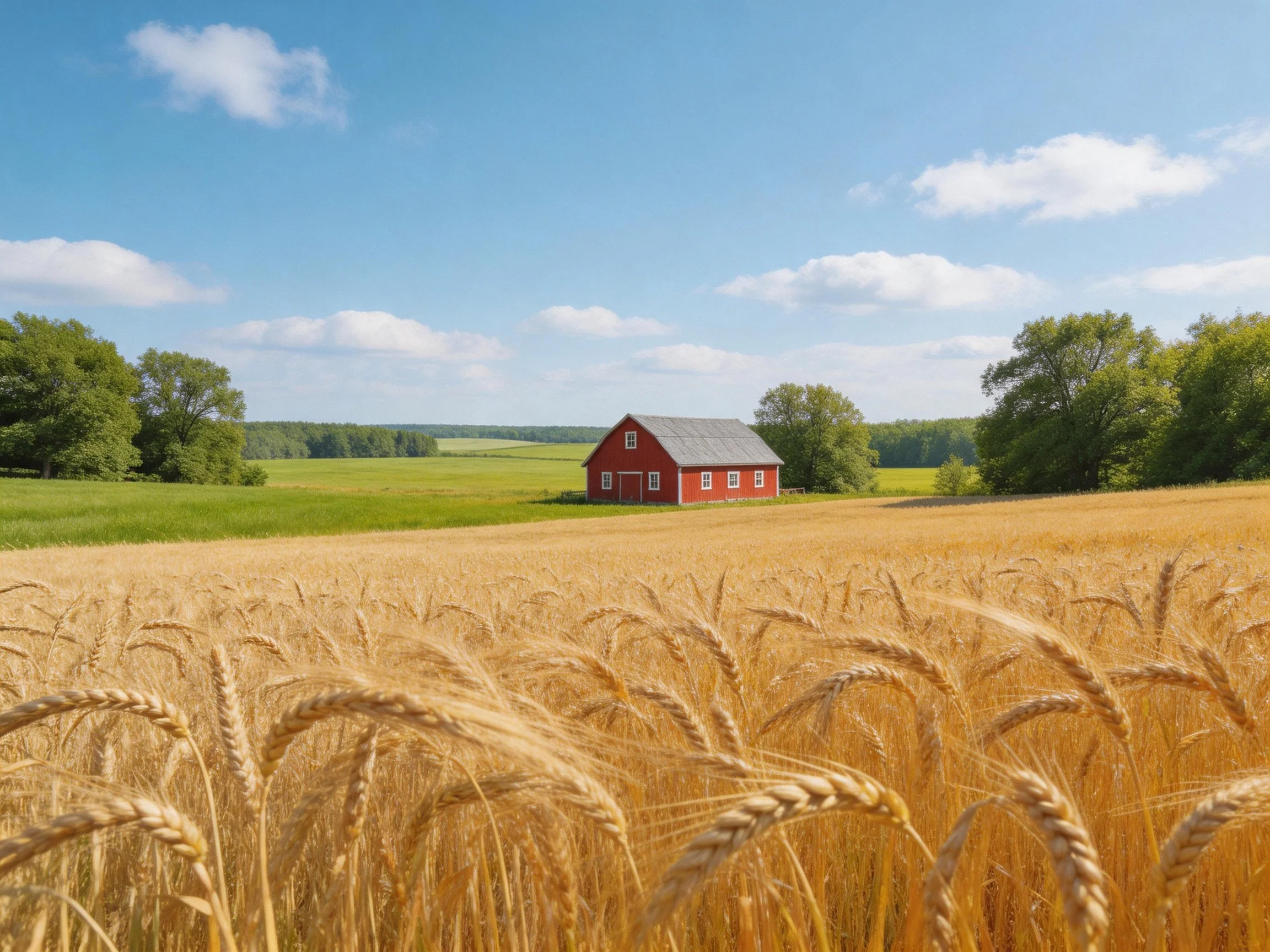 Golden wheat field with red barn under bright blue sky