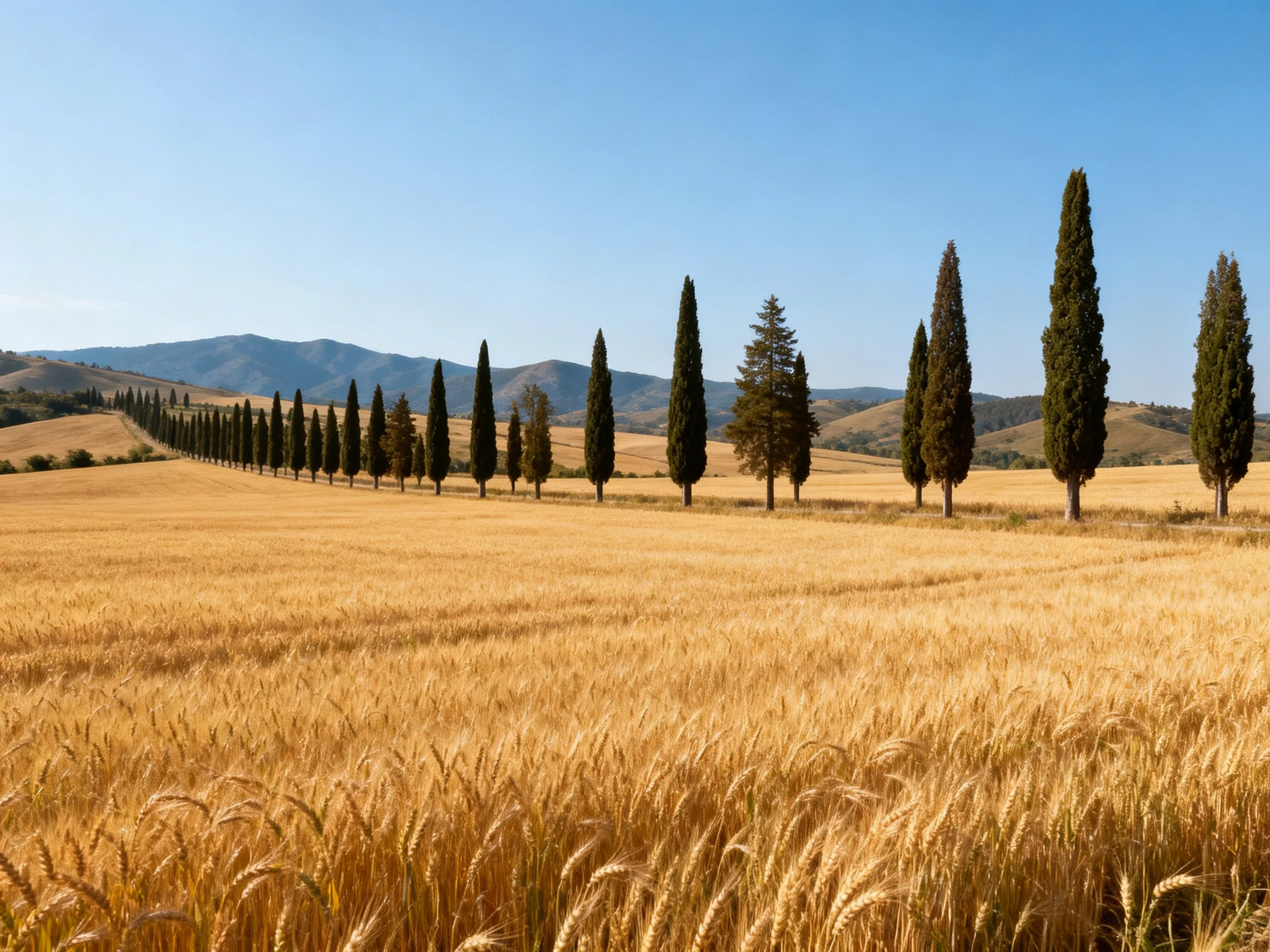 Golden wheat field with tall dark cypresses and distant mountains