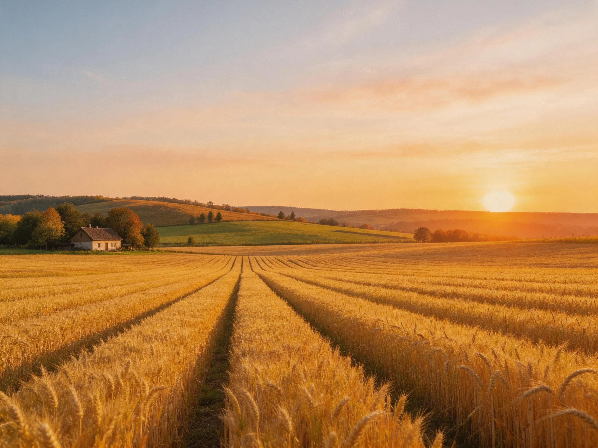 Golden wheat fields under a warm sunset sky