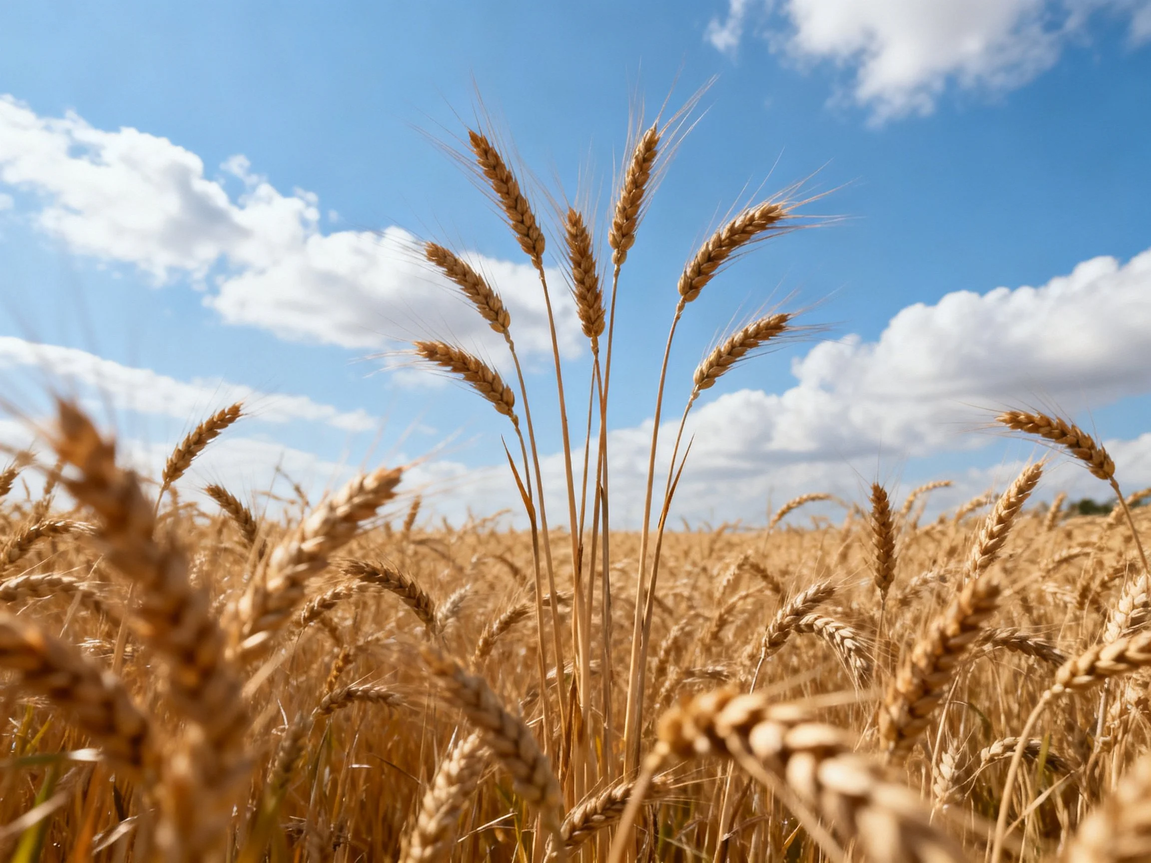 Golden wheat stalks fill a vast field under bright blue sky