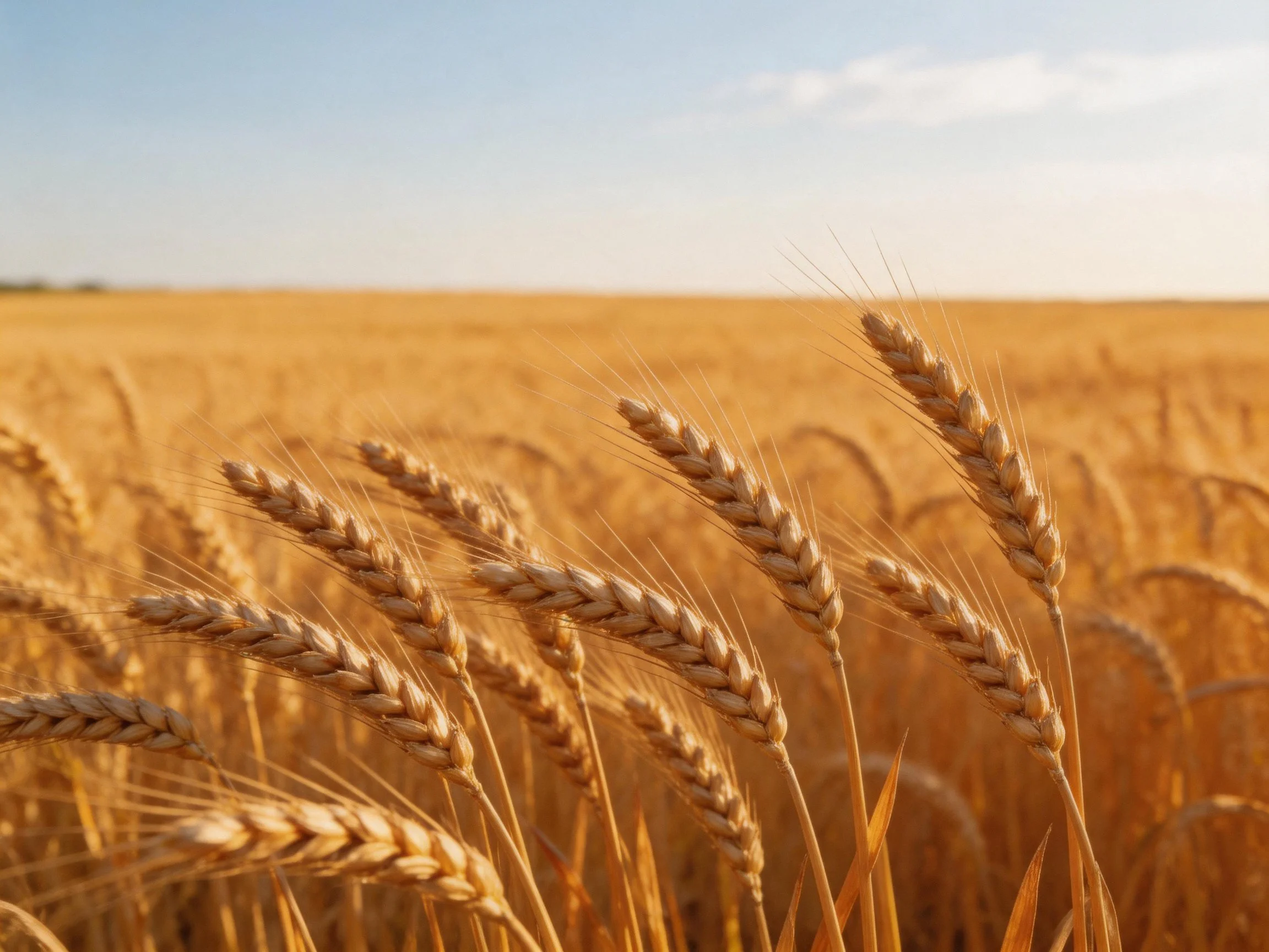 Golden wheat stalks in expansive golden field under clear blue sky