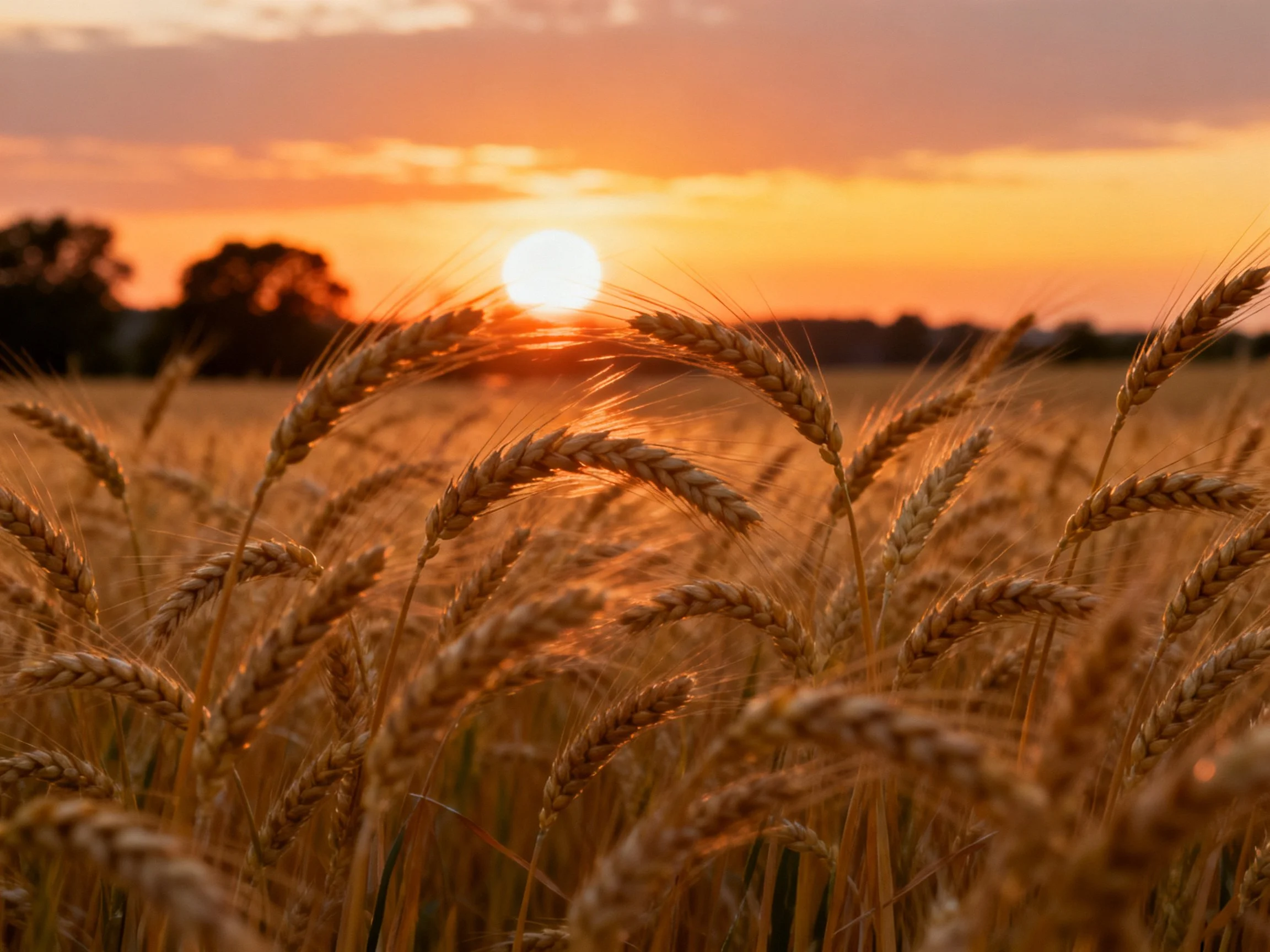 Golden wheat stalks lit by warm sunset over distant trees
