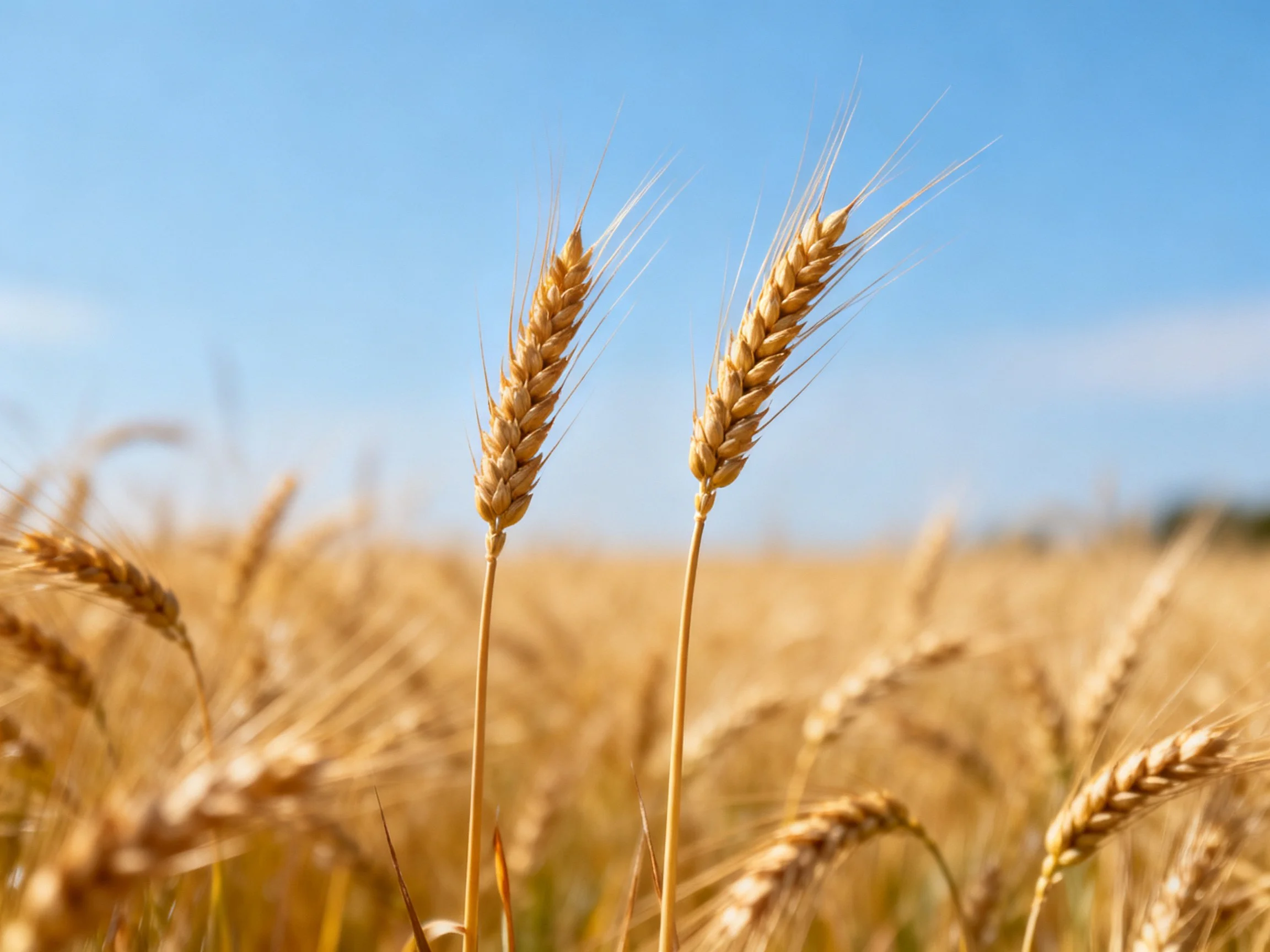 Golden wheat stalks rise against a clear blue sky