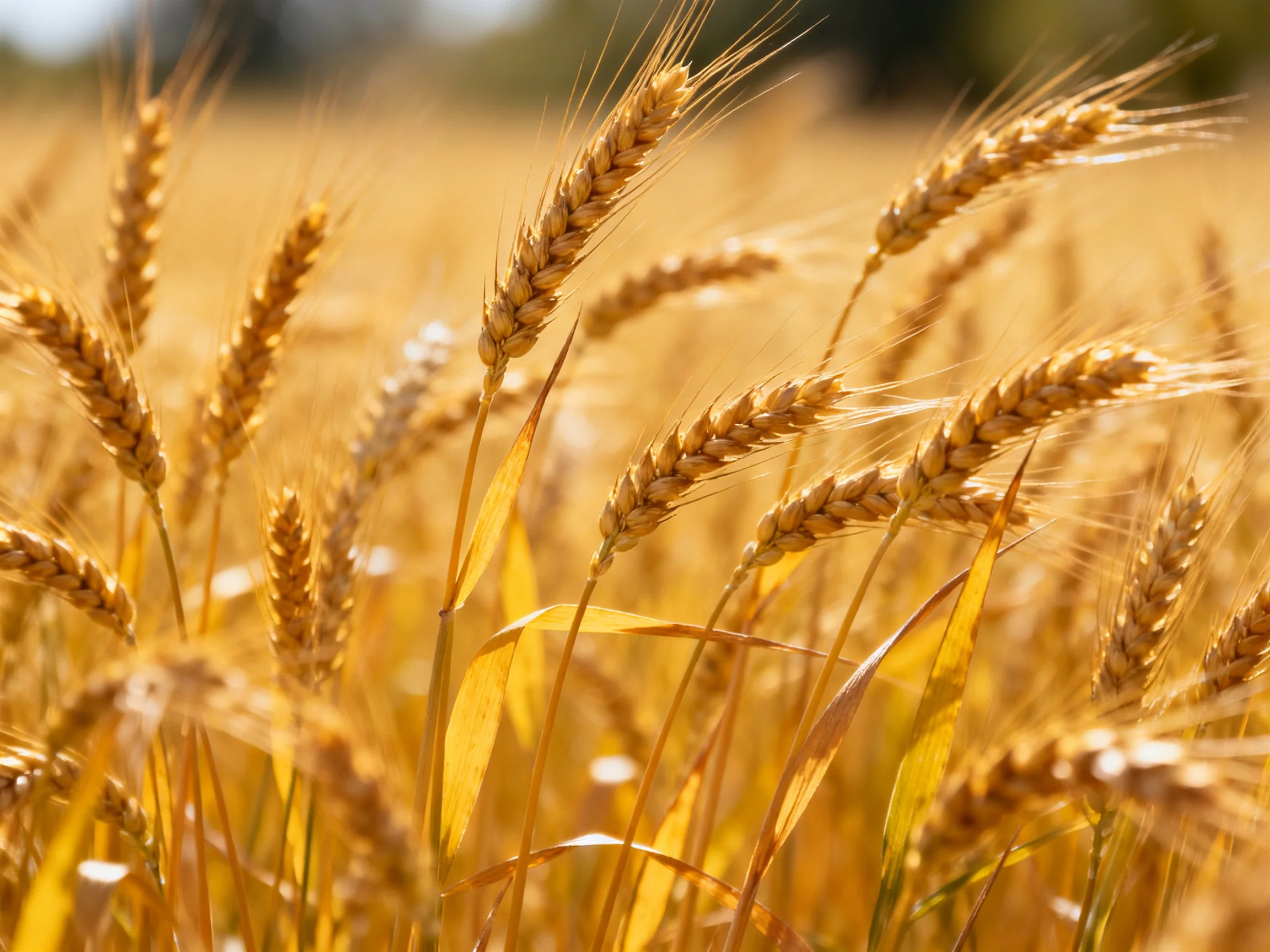 Golden wheat stalks sway in a sun-drenched agricultural field
