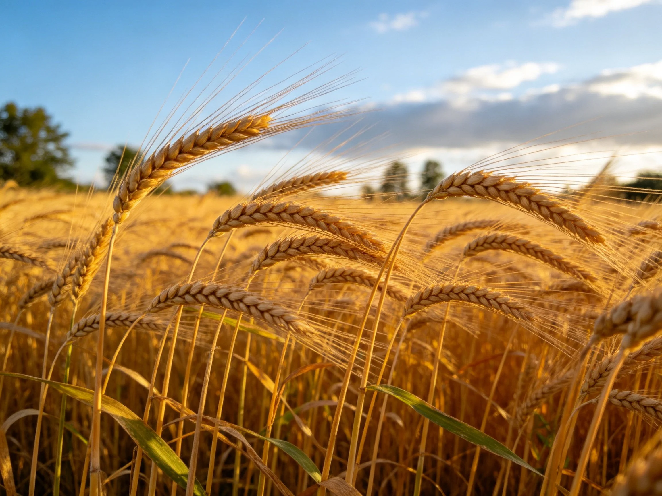 Golden wheat stalks sway in a sunlit field with scattered clouds