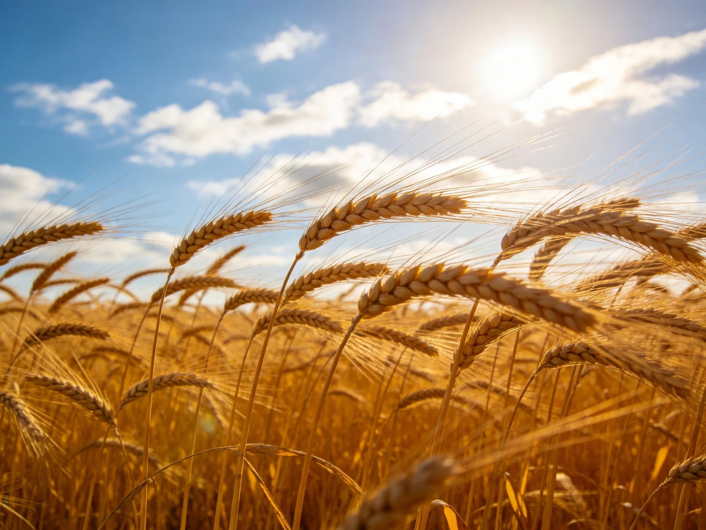 Golden wheat stalks sway under bright blue sky with sunlight