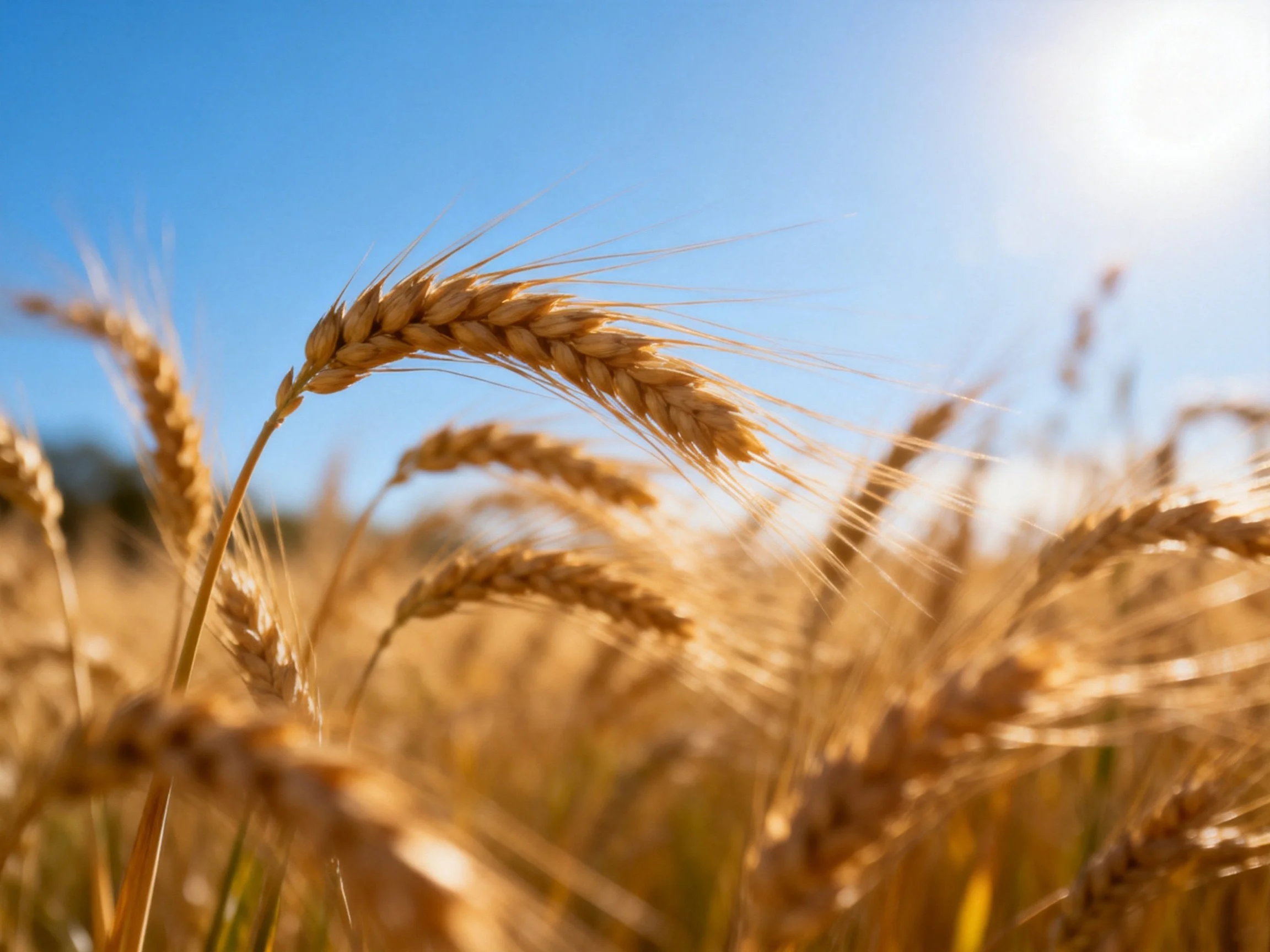 Golden wheat stalks swaying in sunlit field under clear blue sky