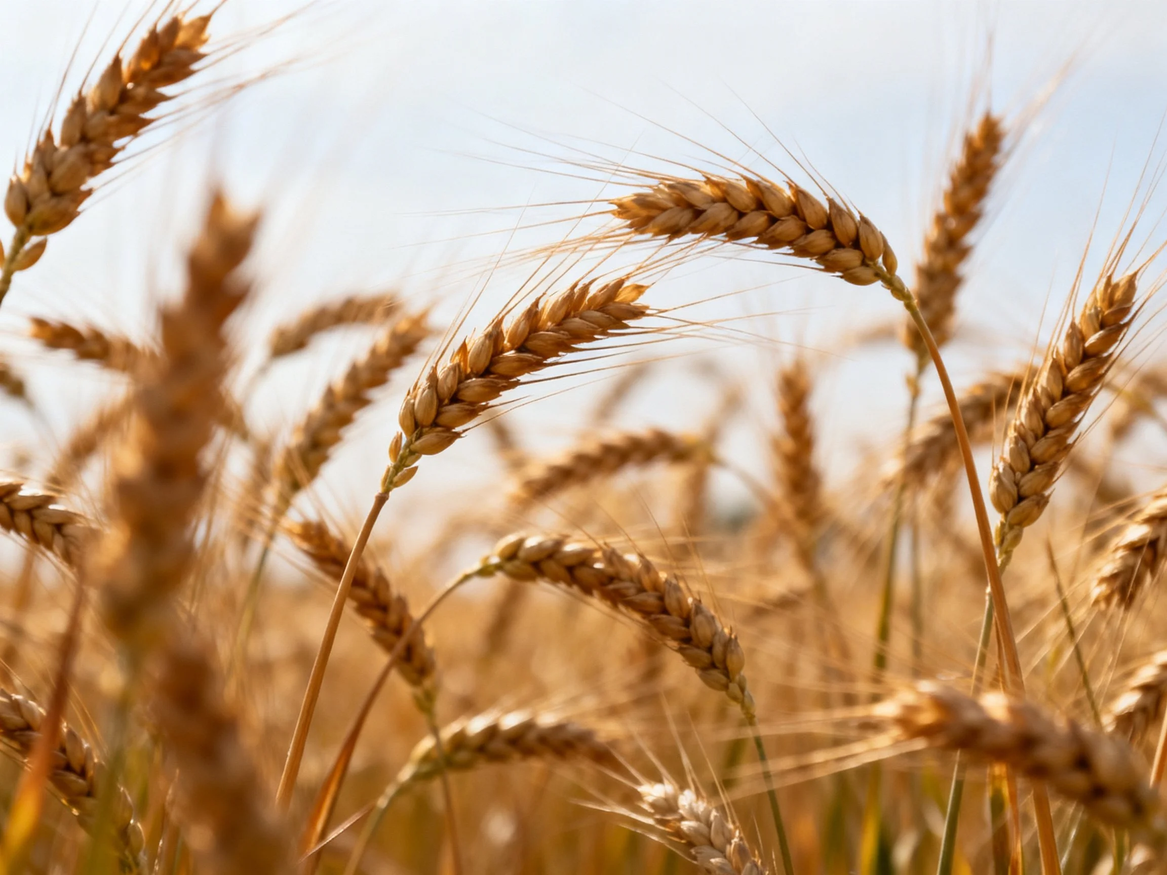 Golden wheat stalks with detailed grain structures in natural sunlight