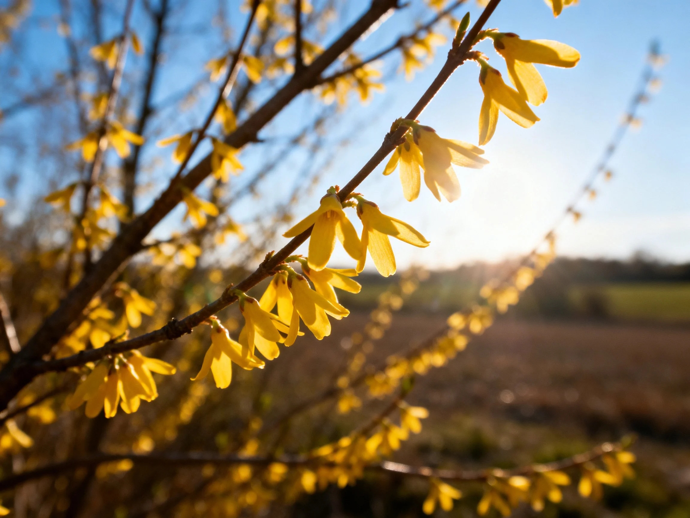 Golden yellow flowers blooming under bright blue sky