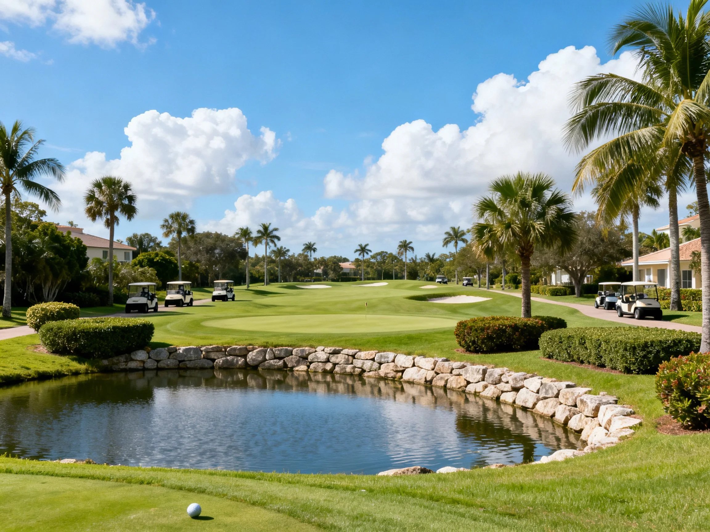 Golf Course with Pond, Palm Trees, and Golf Carts