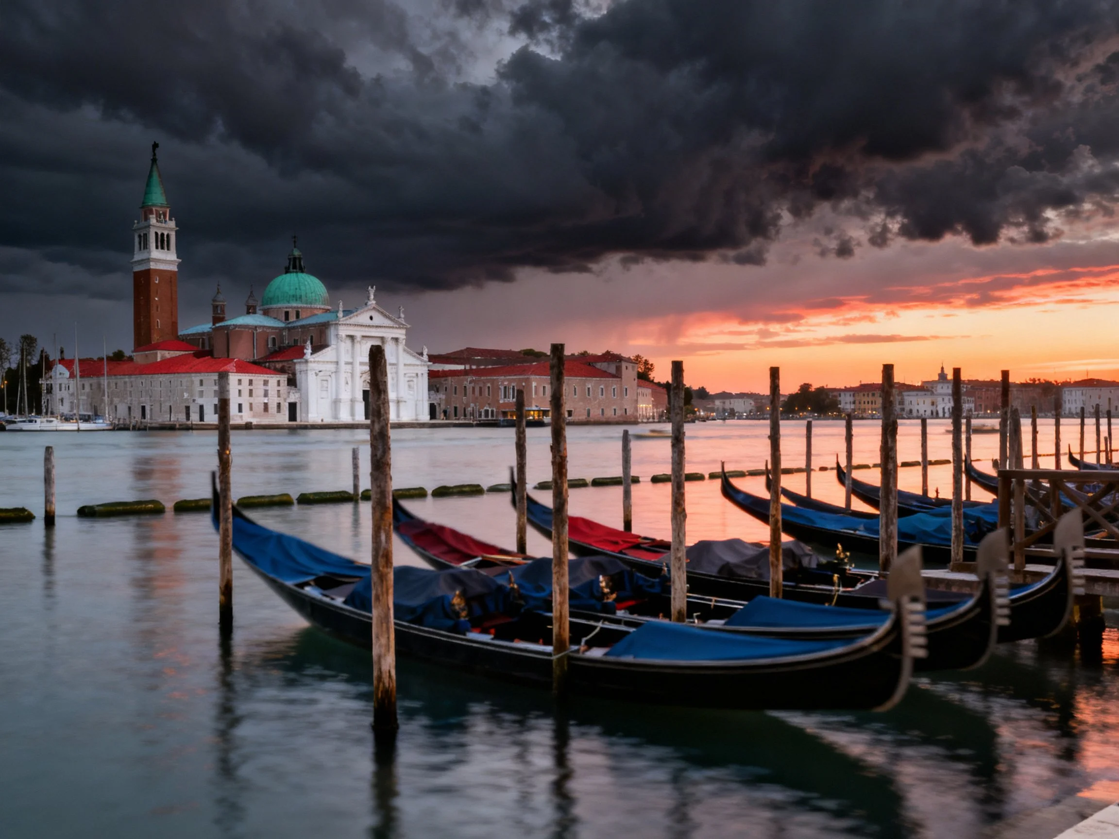 Gondolas docked at Venetian waterfront under dramatic sunset sky