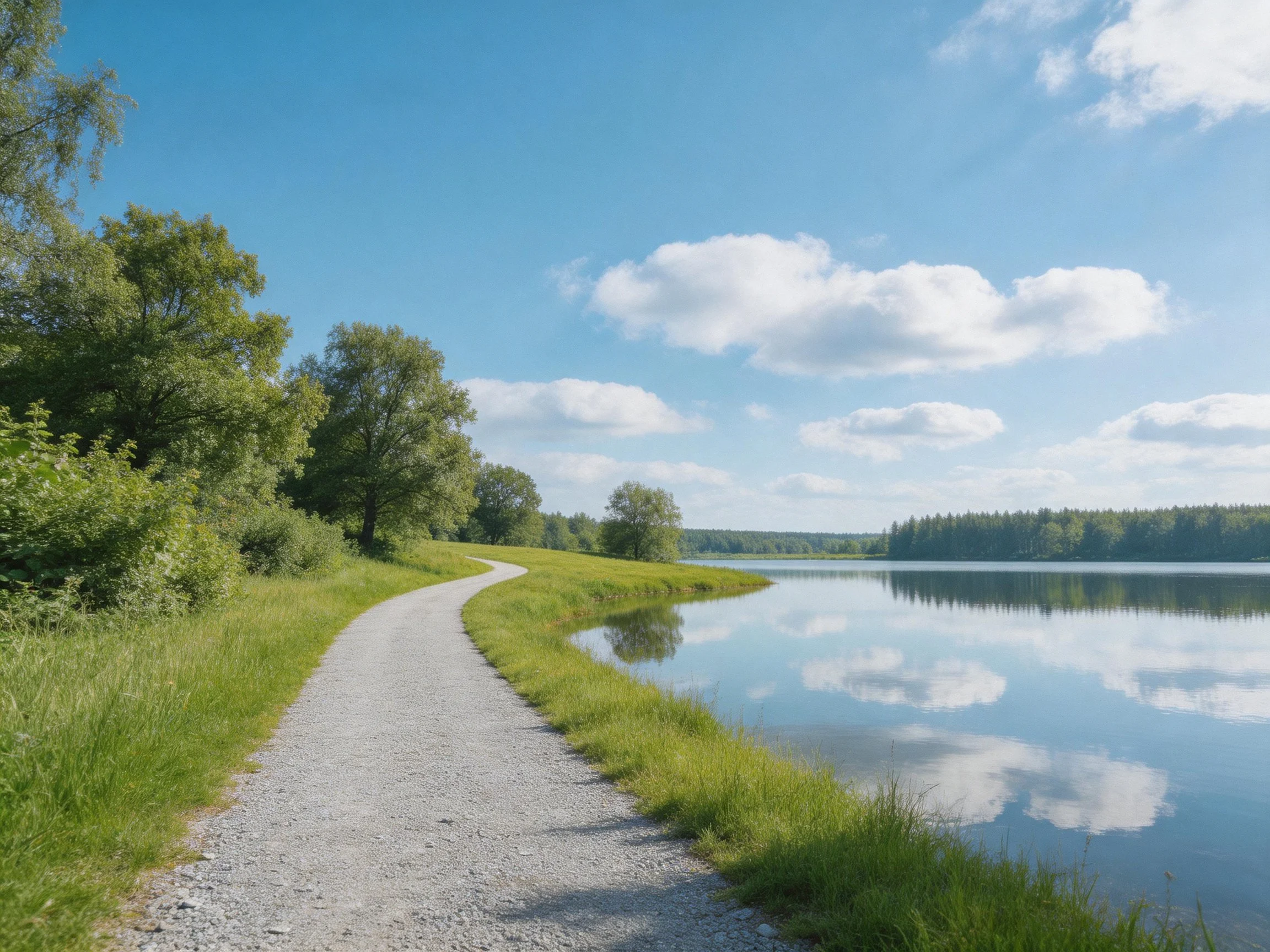 Gravel path alongside tranquil lake with green foliage and bright sky