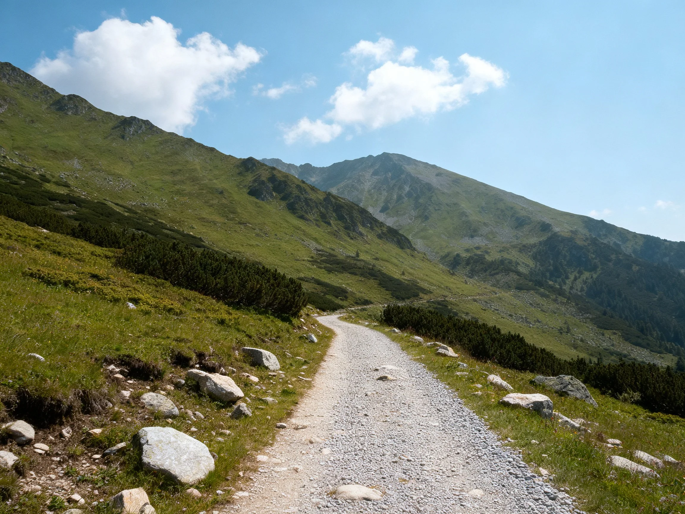 Gravel path winding through lush green mountains under bright blue skies