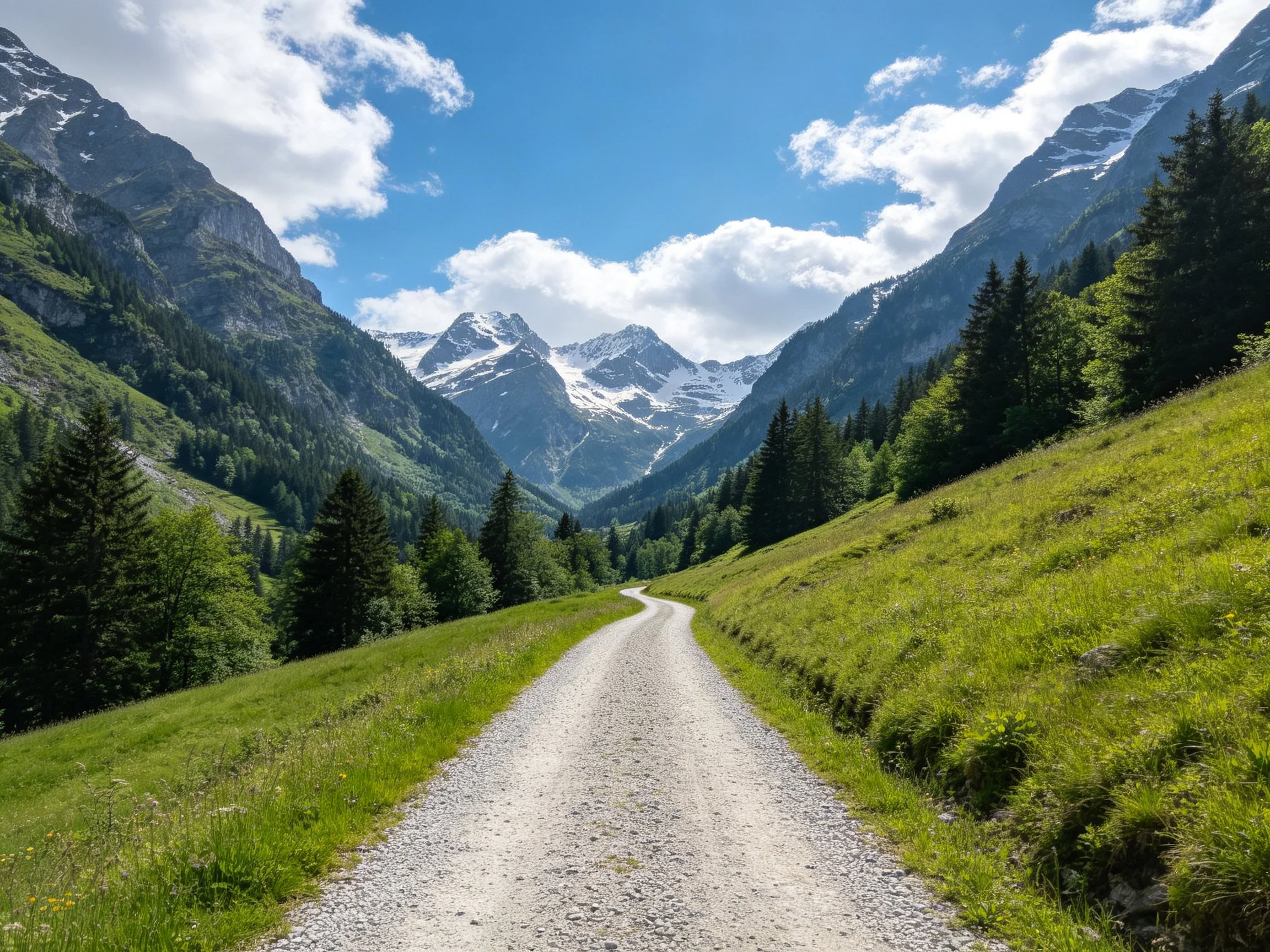 Gravel path winds through lush green valley with snow-capped mountains