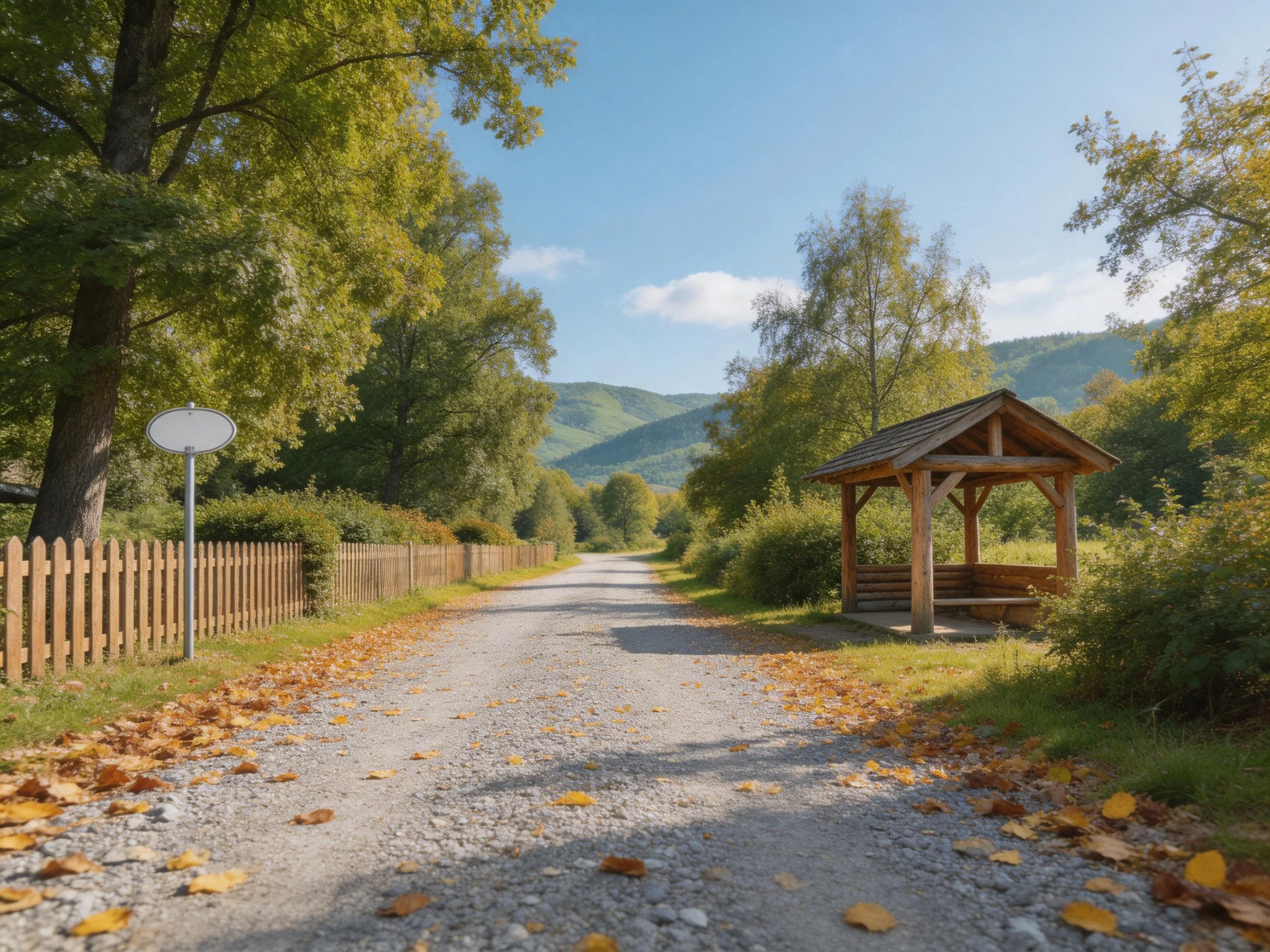 Gravel path with autumn leaves, wooden shelter, and mountain backdrop