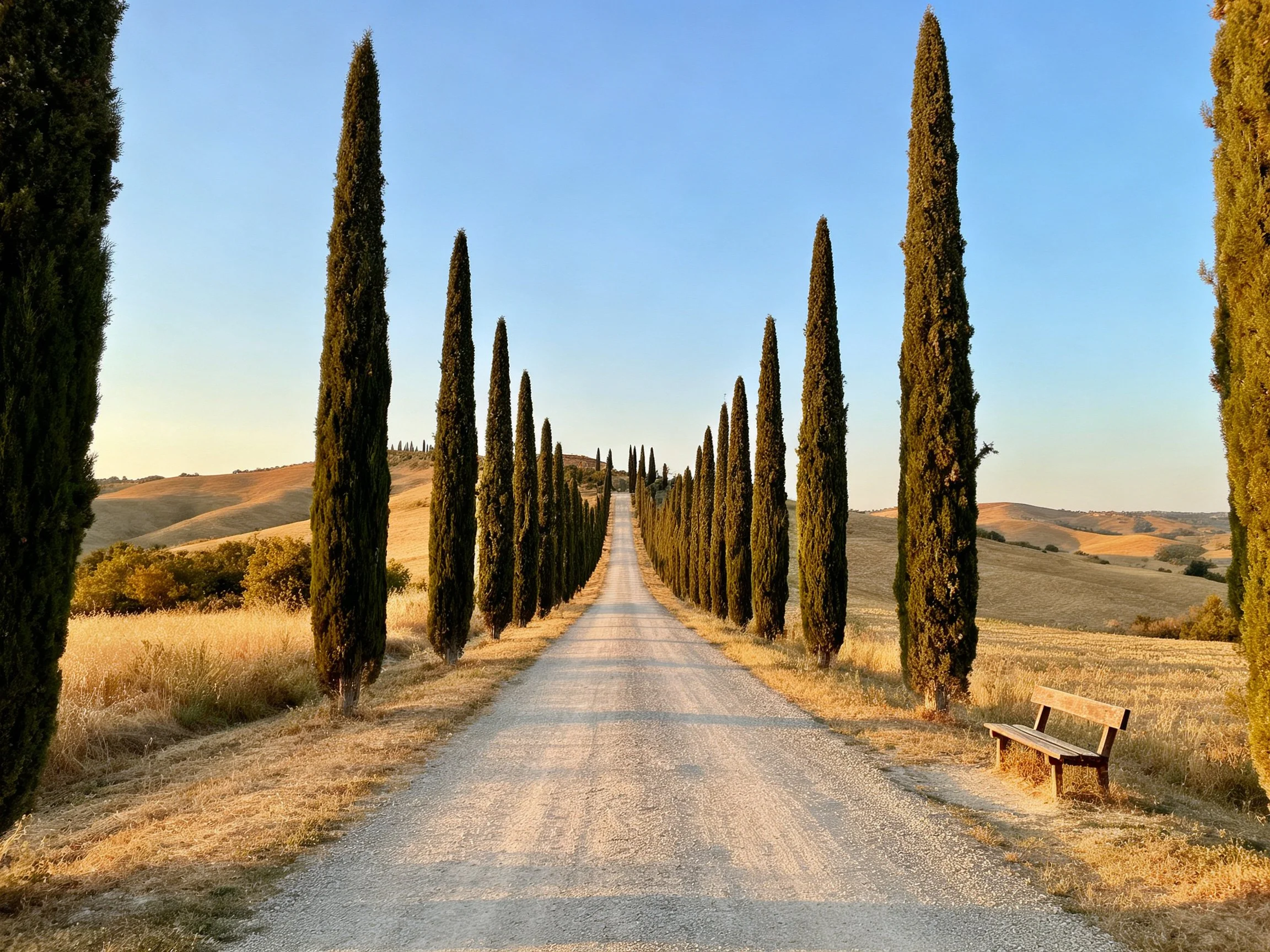Gravel road flanked by tall cypresses leads toward rolling golden hills