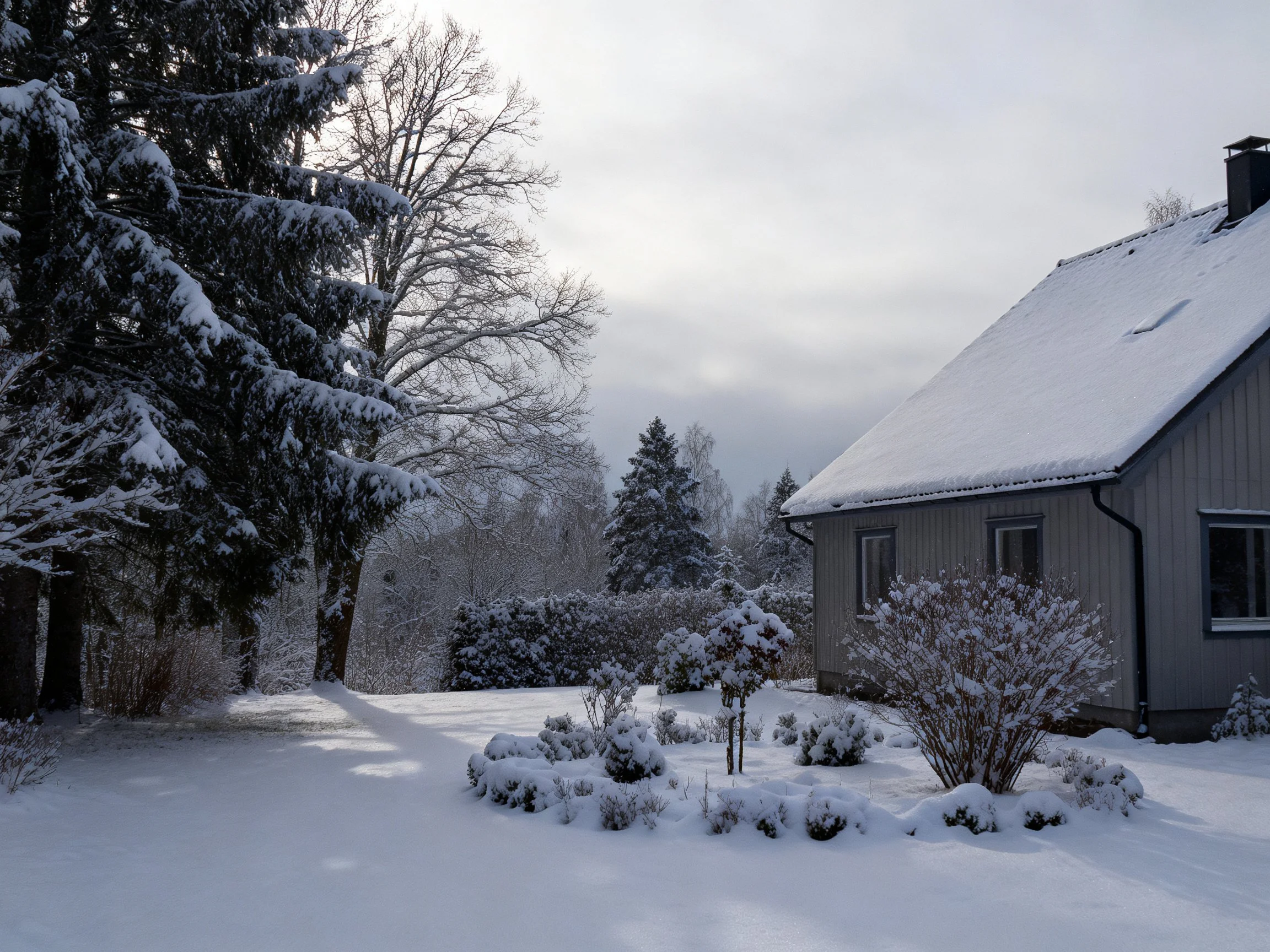 Gray house surrounded by snow-covered evergreens and shrubs in a wintry landscape
