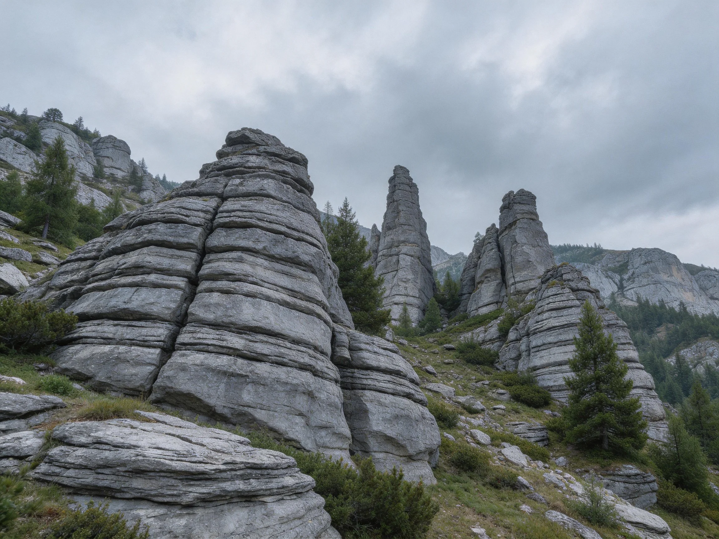 Gray layered rock formations with greenery under cloudy skies