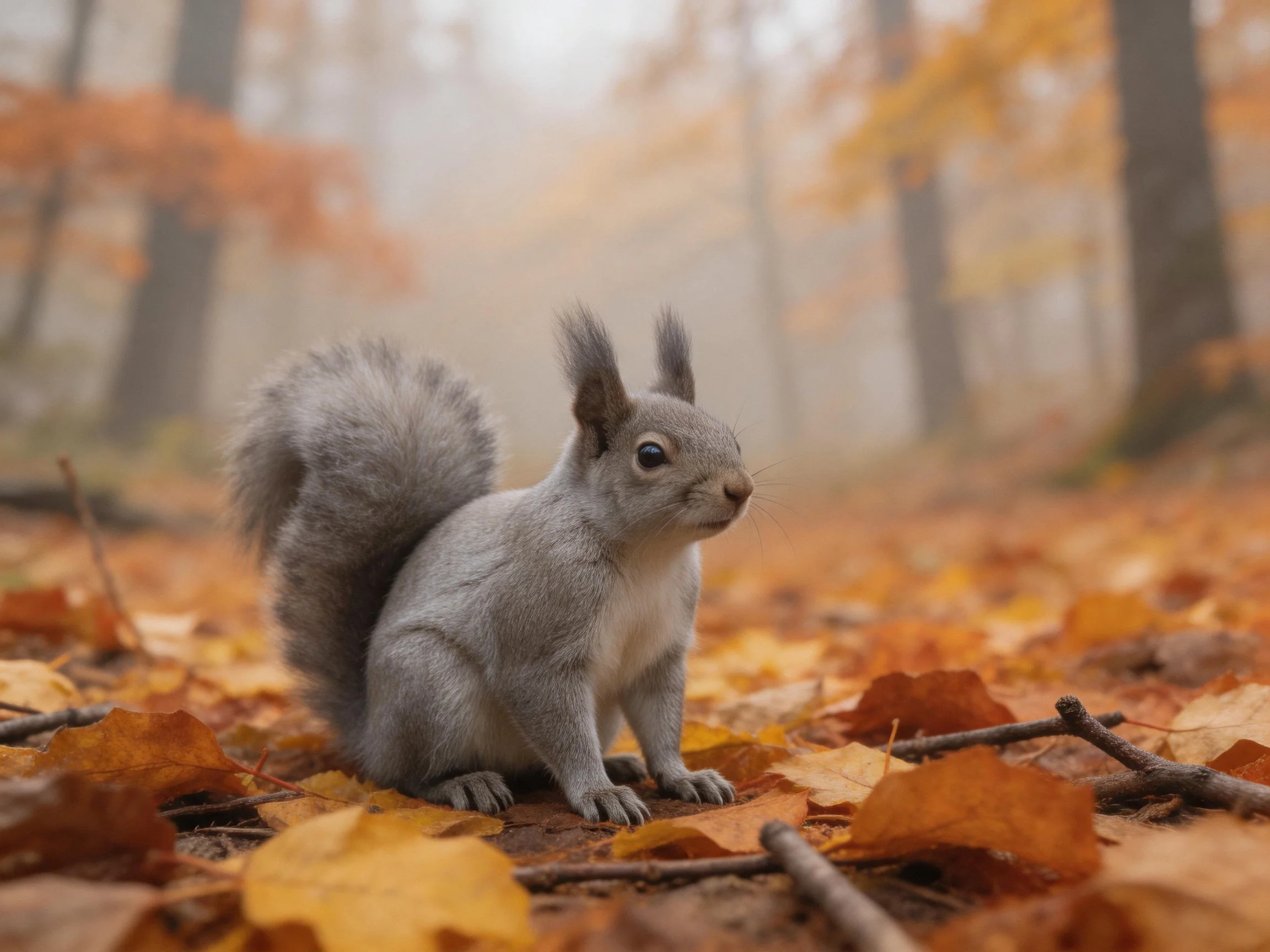 Gray squirrel amid autumn leaves in misty forest