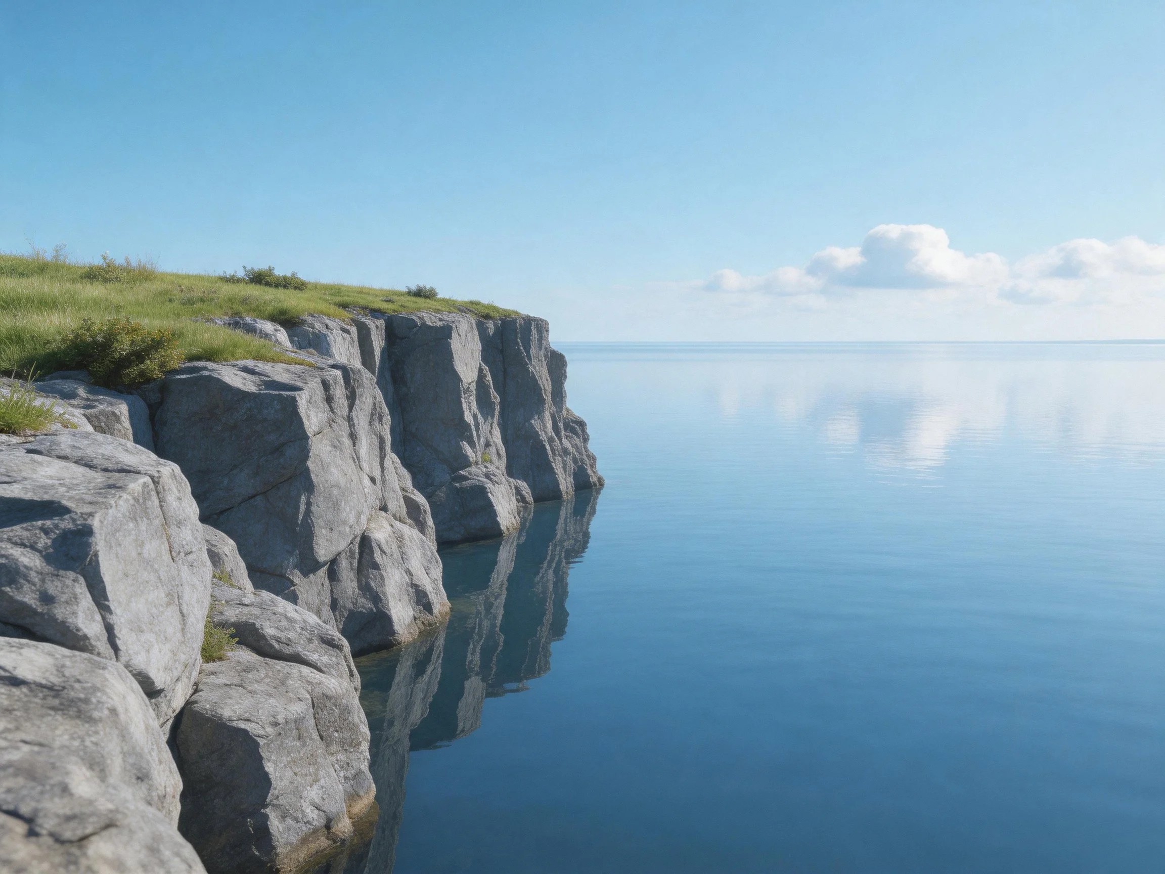Gray stone cliffs with green grass overlook calm blue water