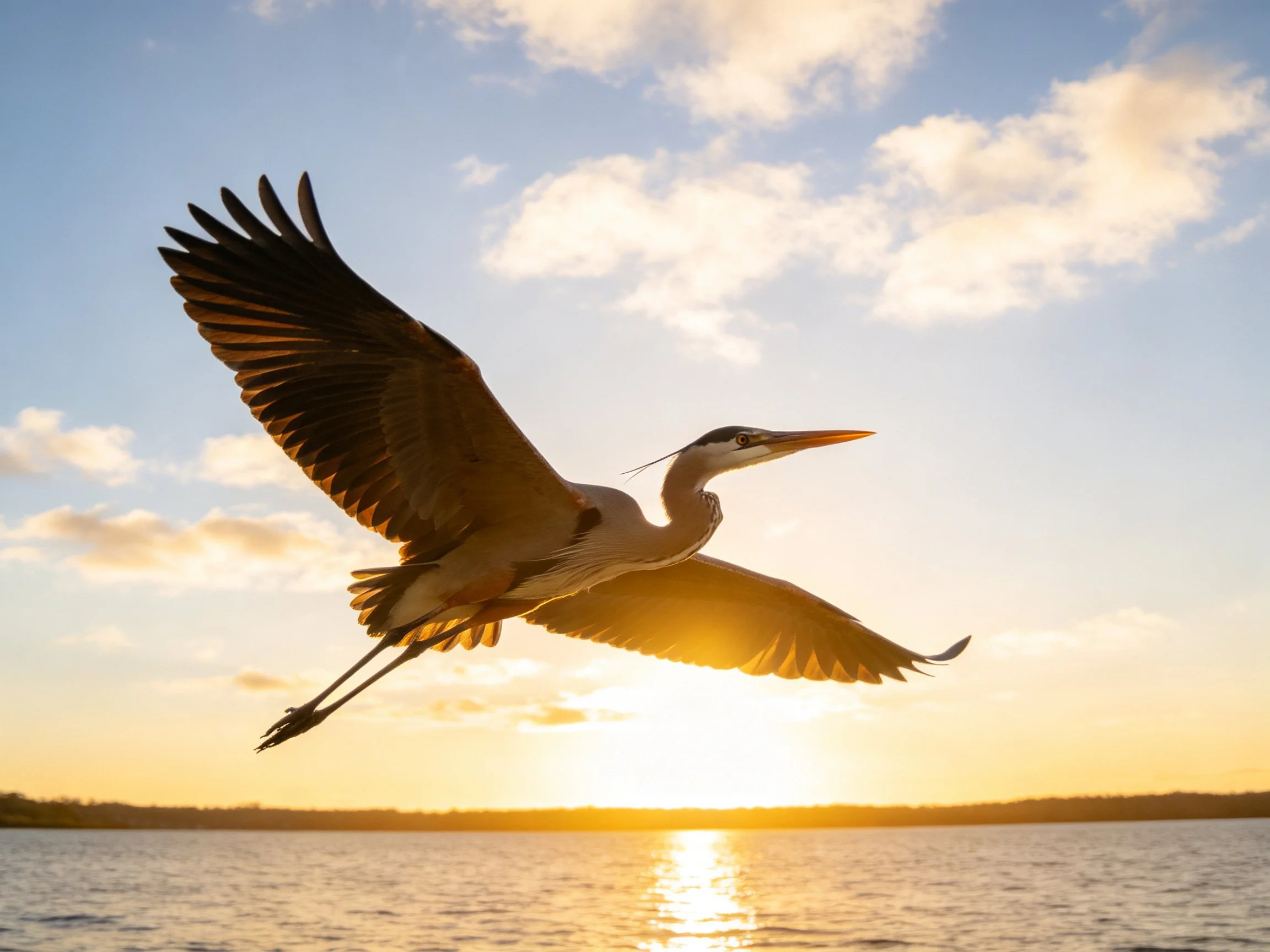 Great blue heron soaring over calm water at golden sunset