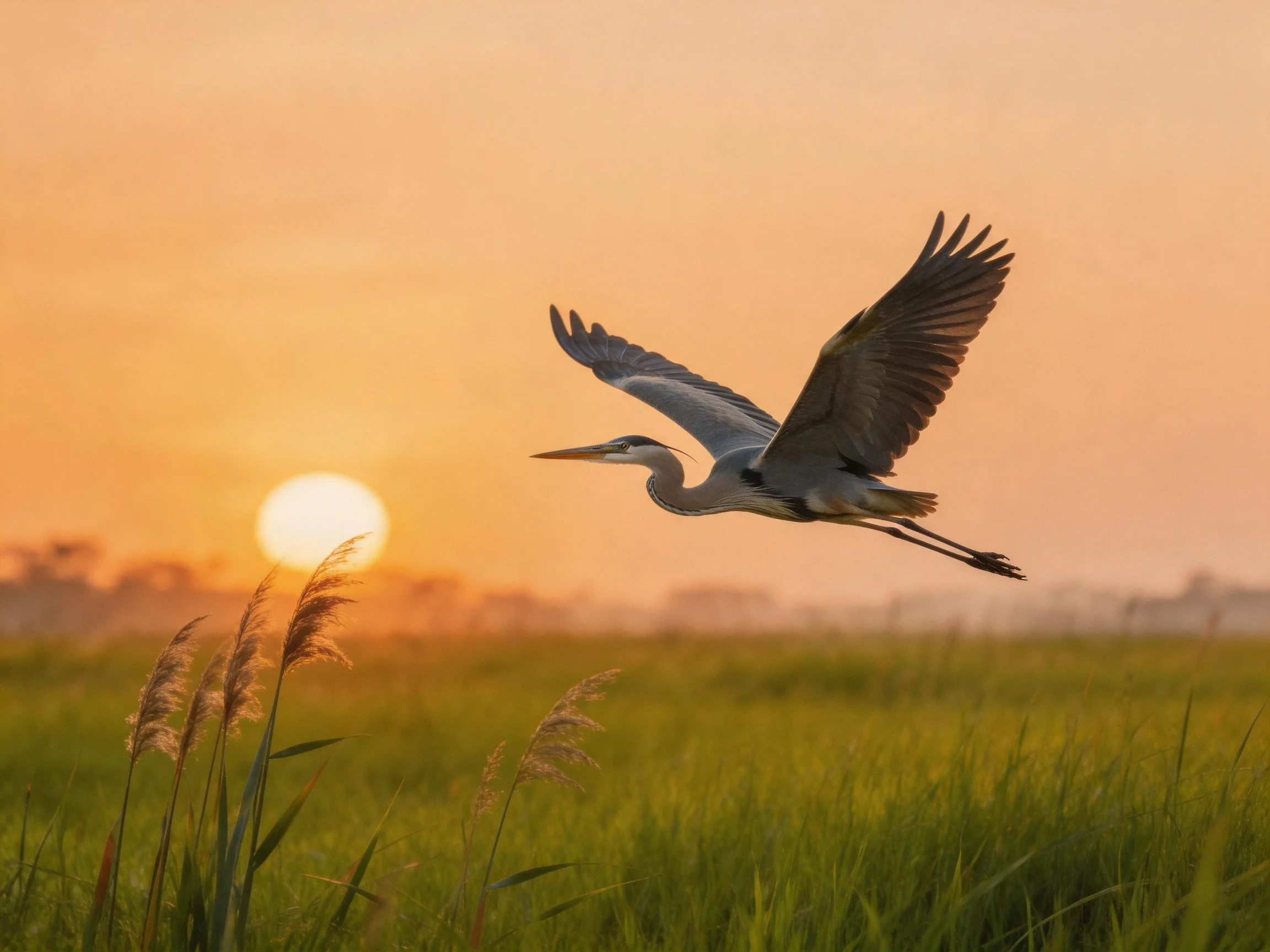 Great blue heron soaring over lush marshland at sunset