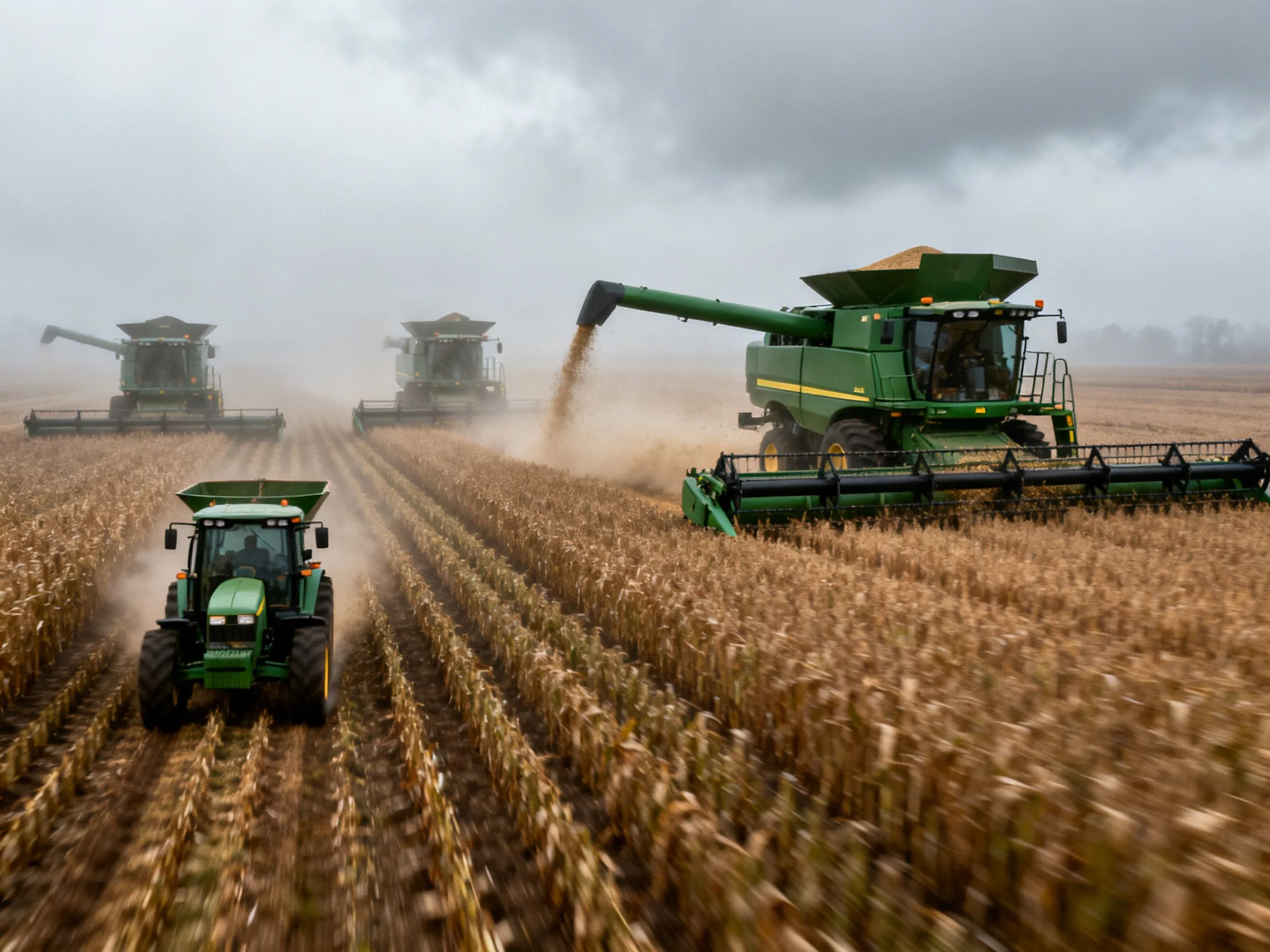 Green Farm Equipment Harvesting in a Large Golden Crop Field