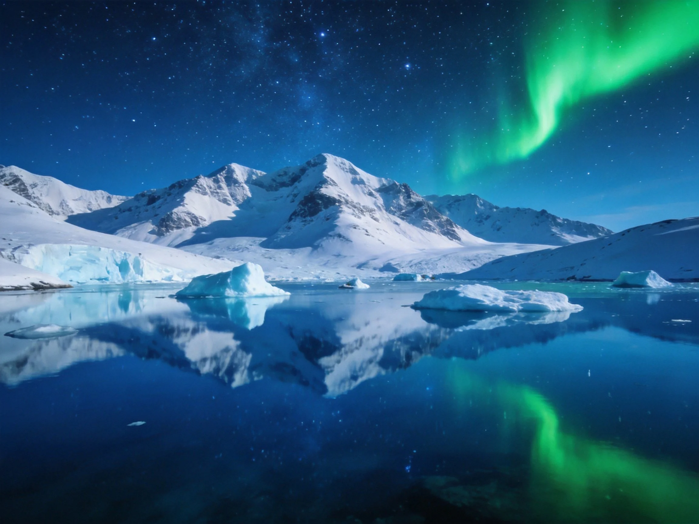 Green aurora illuminates snow-capped mountains and icy waters