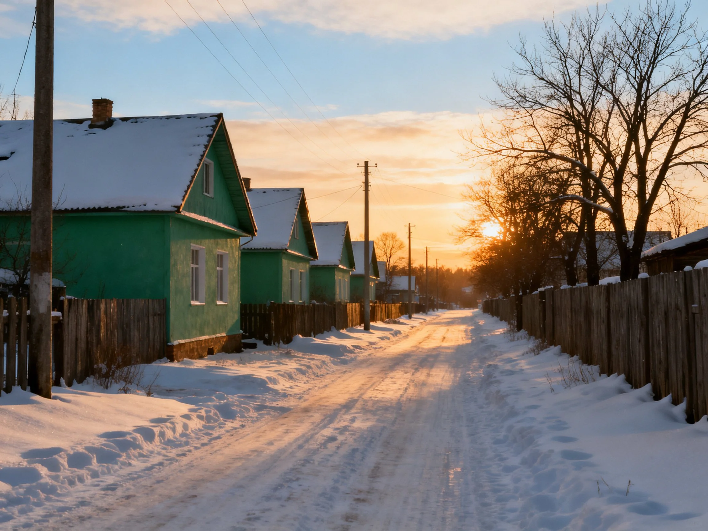 Green cottages sit along a snow-lined street as golden sunset light falls