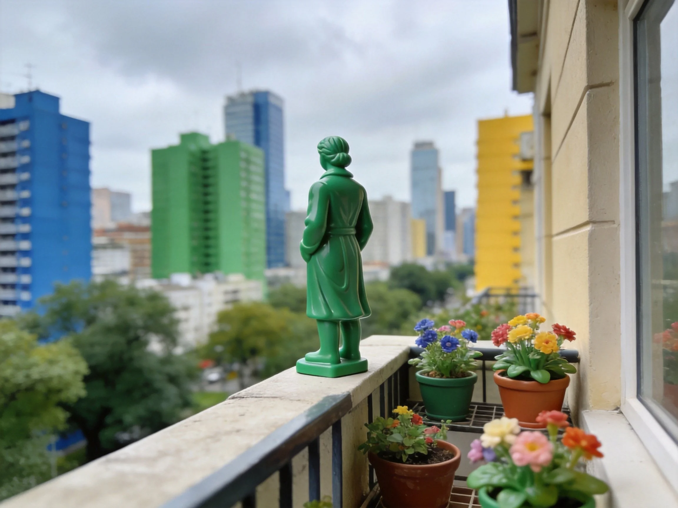 Green figurine on balcony with flower pots, colorful city skyline