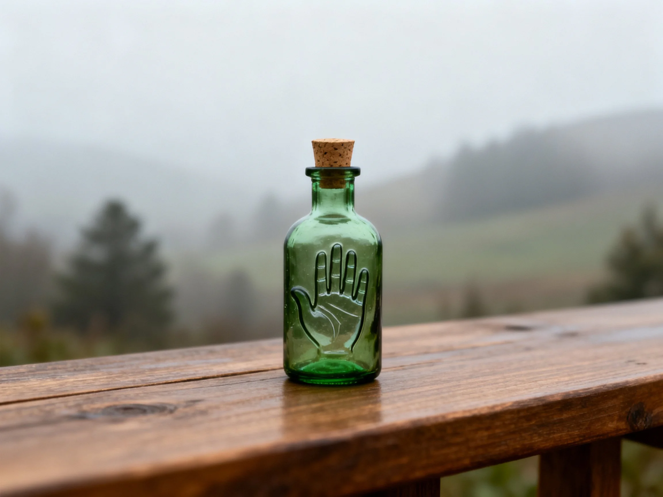 Green glass bottle with cork on wooden railing overlooking misty hills