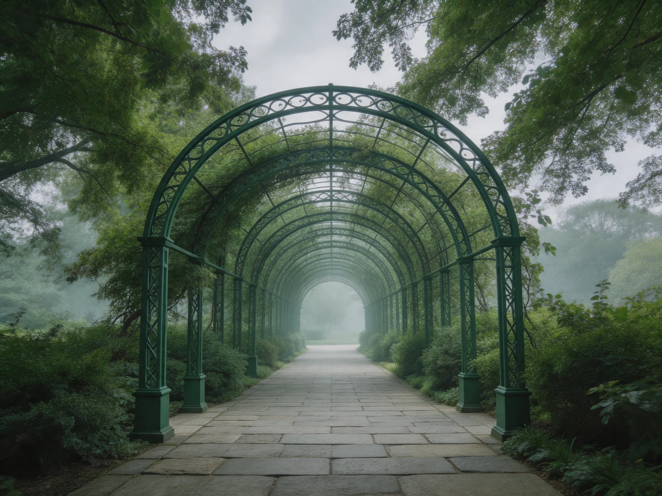 Green metal arches form a vine-covered walkway in a misty park