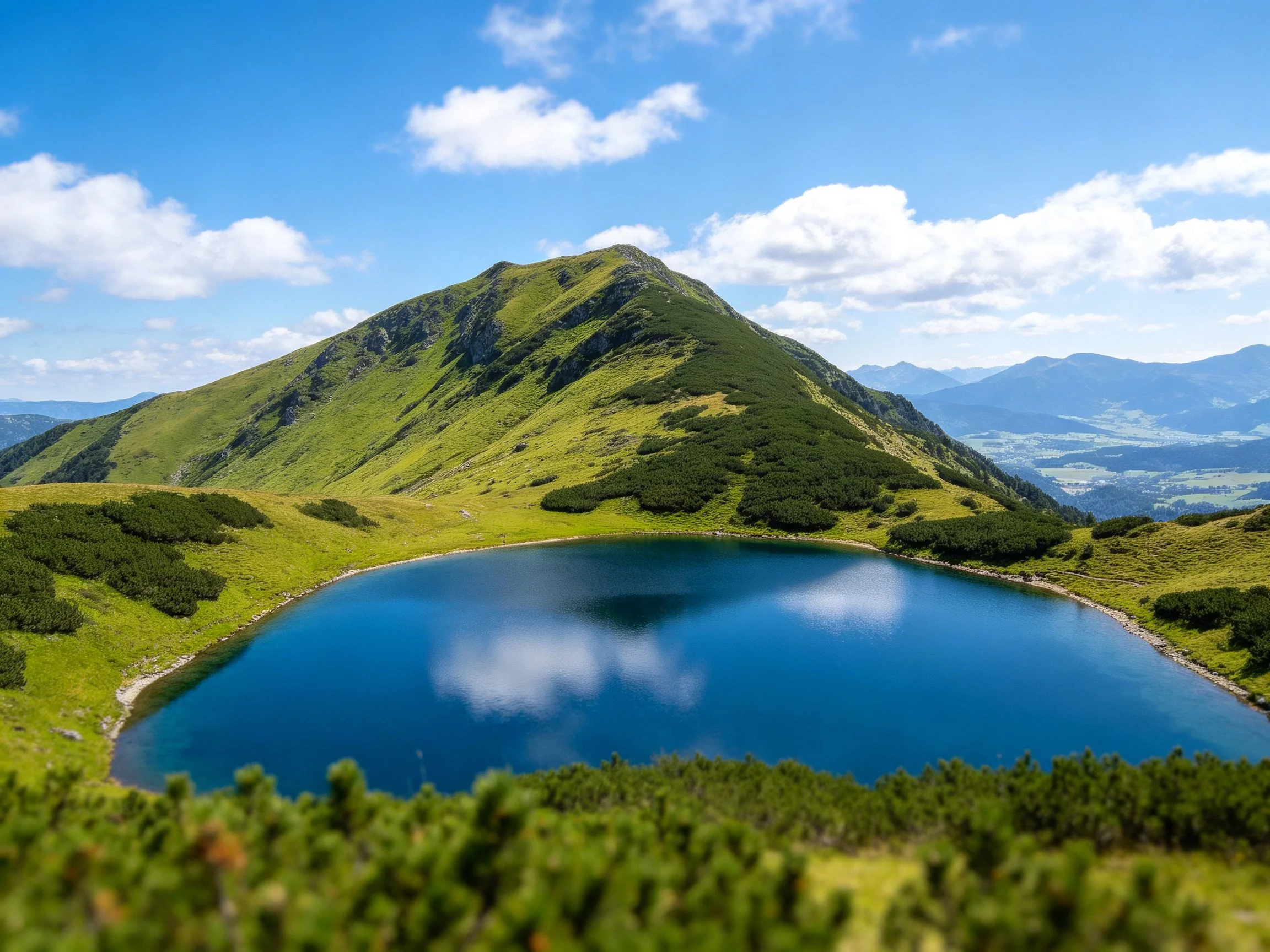 Green mountain overlooks deep blue alpine lake under sunny sky