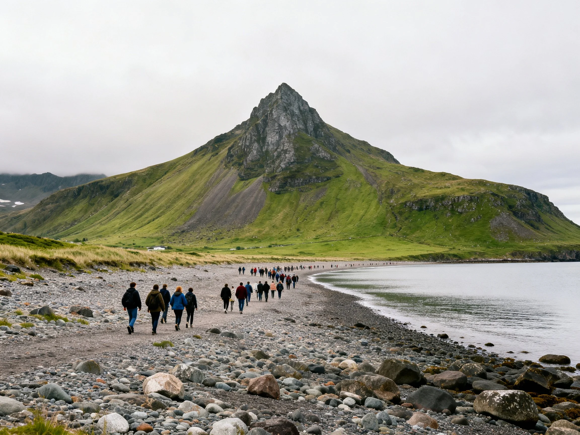 Green mountain overlooks rocky coastal walkway with pedestrians