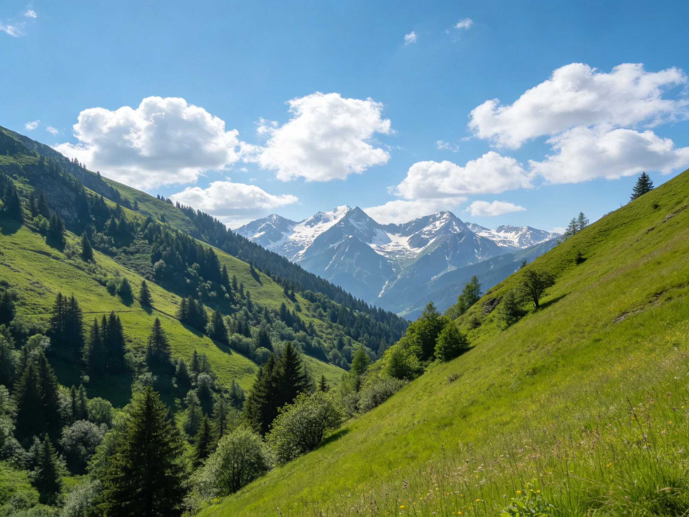 Green rolling hills, dense forests, and snow-capped mountains under sunny skies
