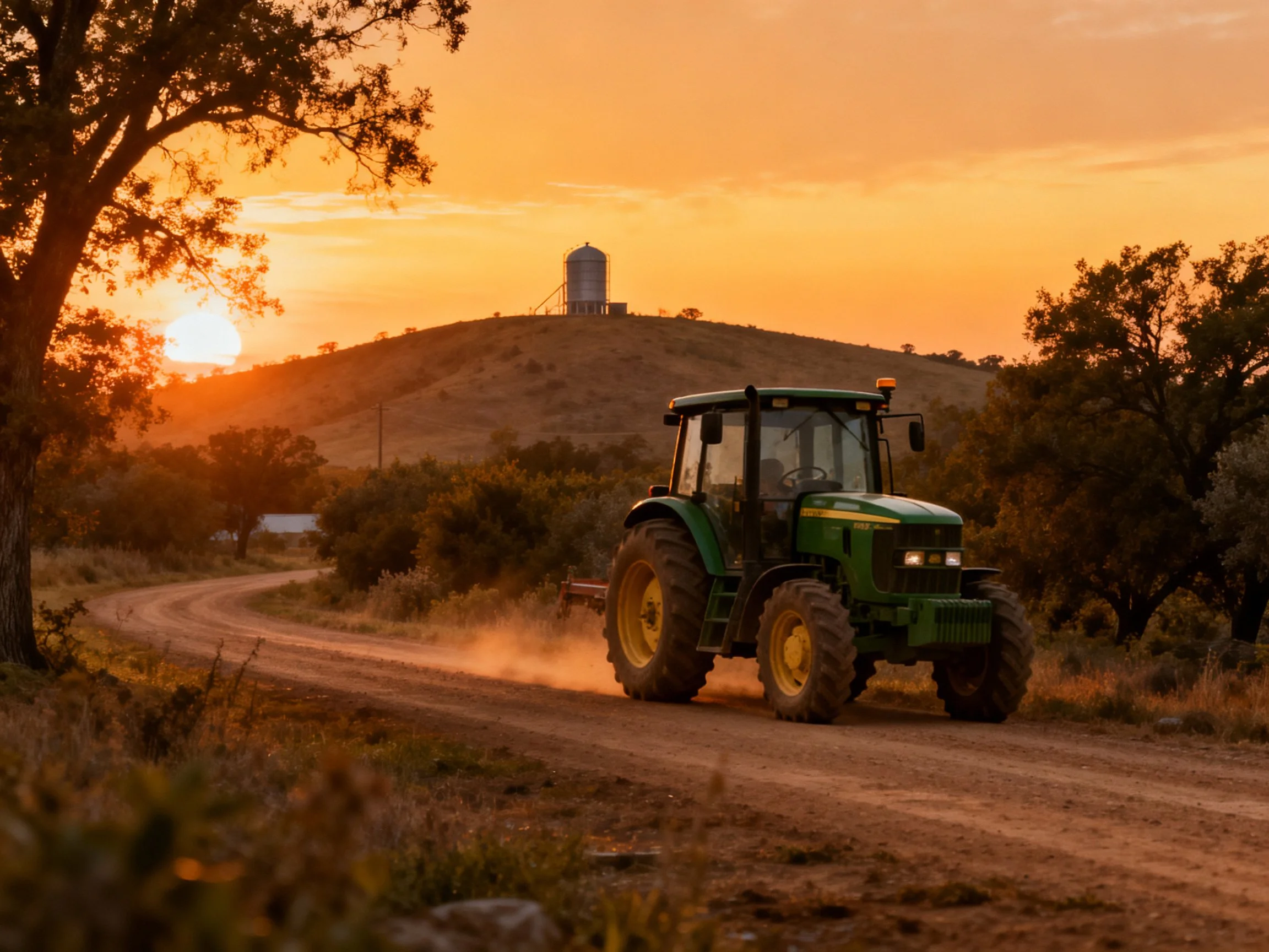 Green tractor on dusty rural road at golden sunset