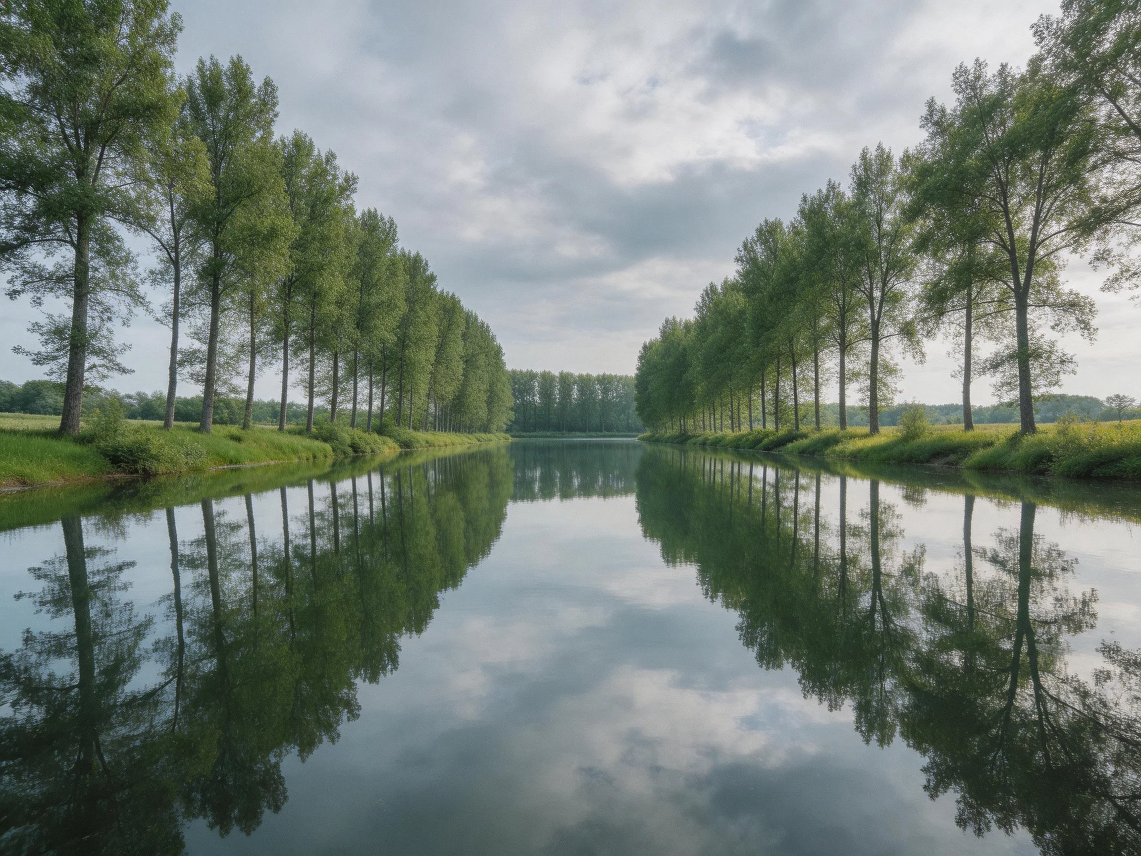Green trees border a calm river reflecting sky and foliage