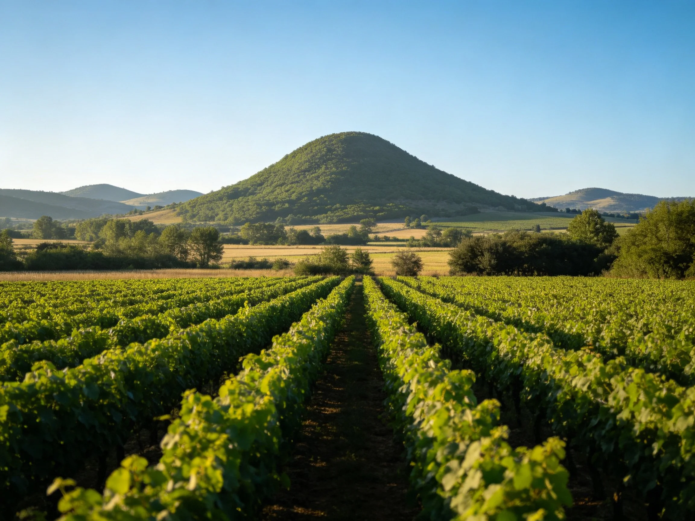 Green vineyard rows lead to a large rounded hill under clear blue sky