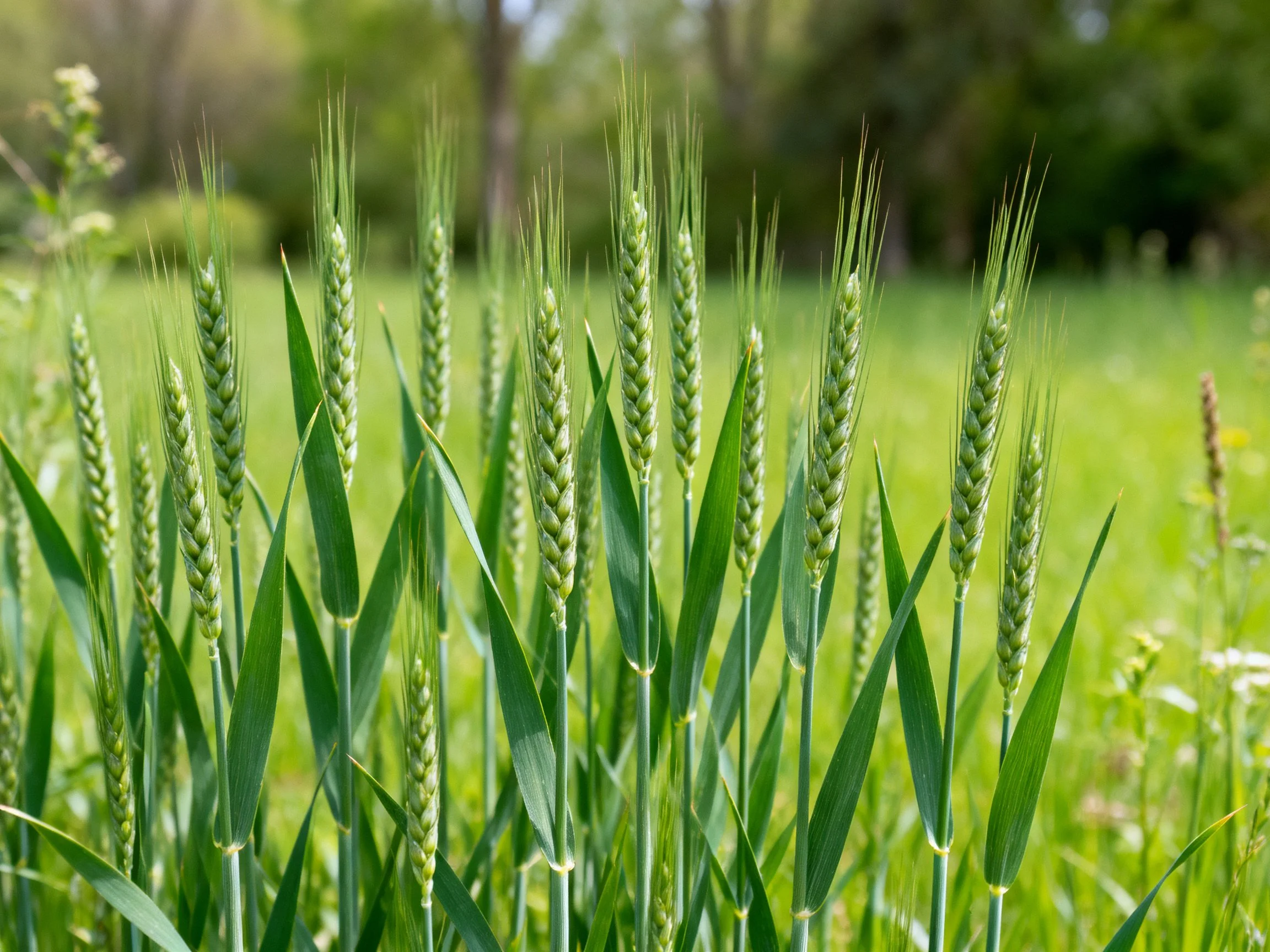 Green wheat stalks flourish in a sun-drenched grassy landscape