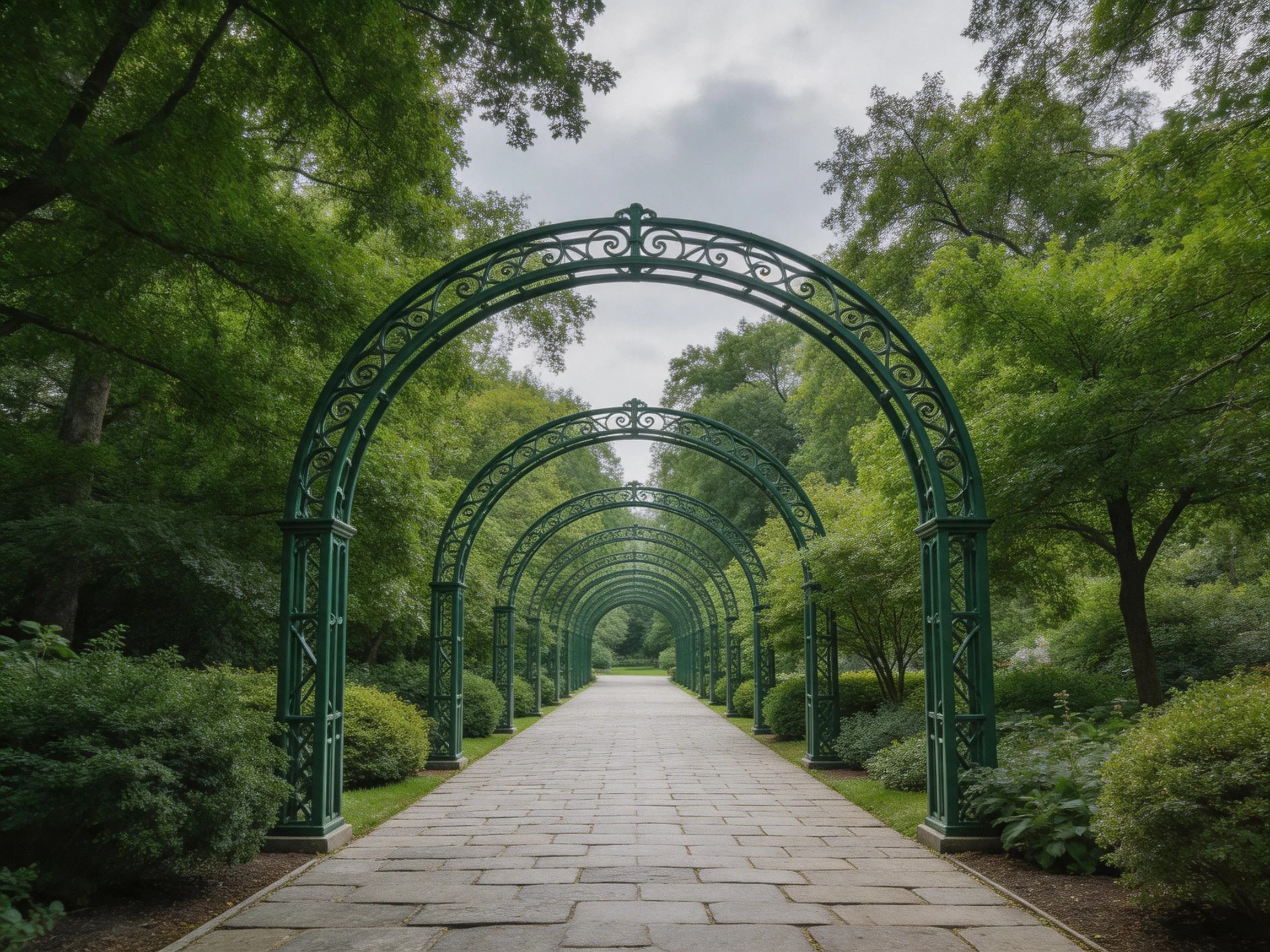 Green wrought iron arches form sequential garden tunnel with stone walkway