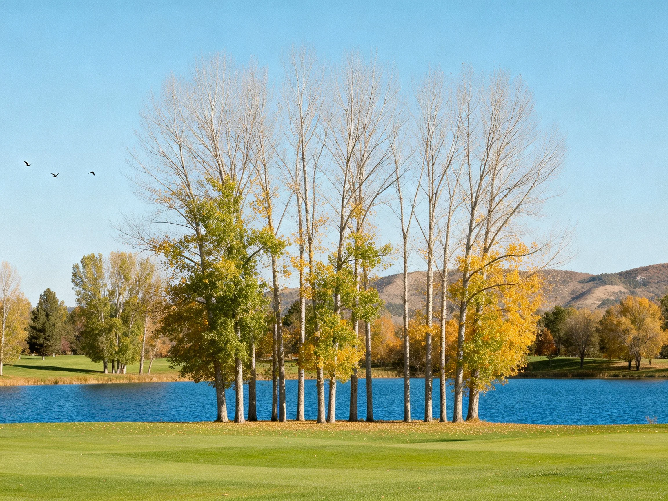 Group of tall trees with autumn foliage by serene blue lake