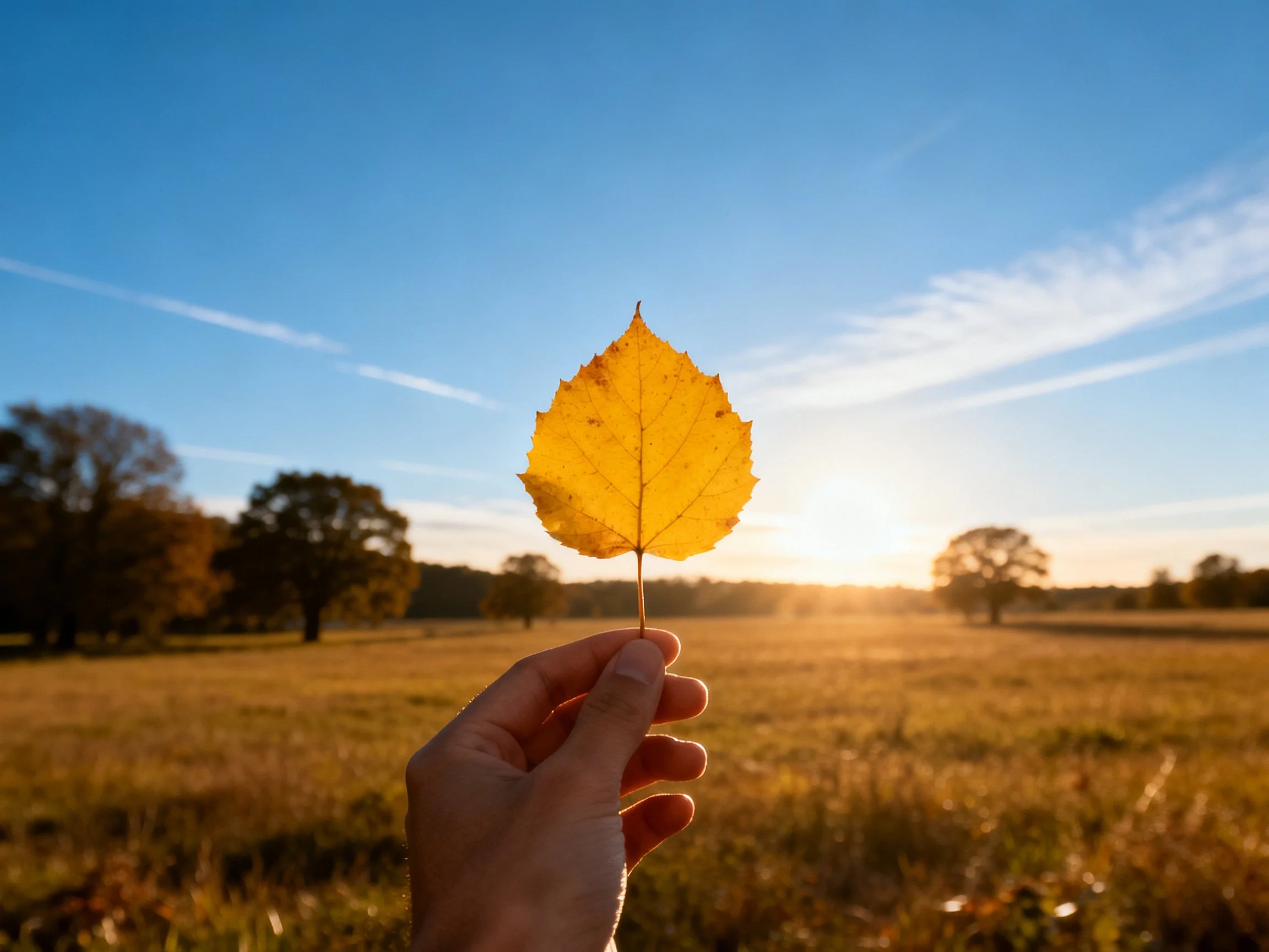 Hand holds golden-yellow leaf in sunlit open field