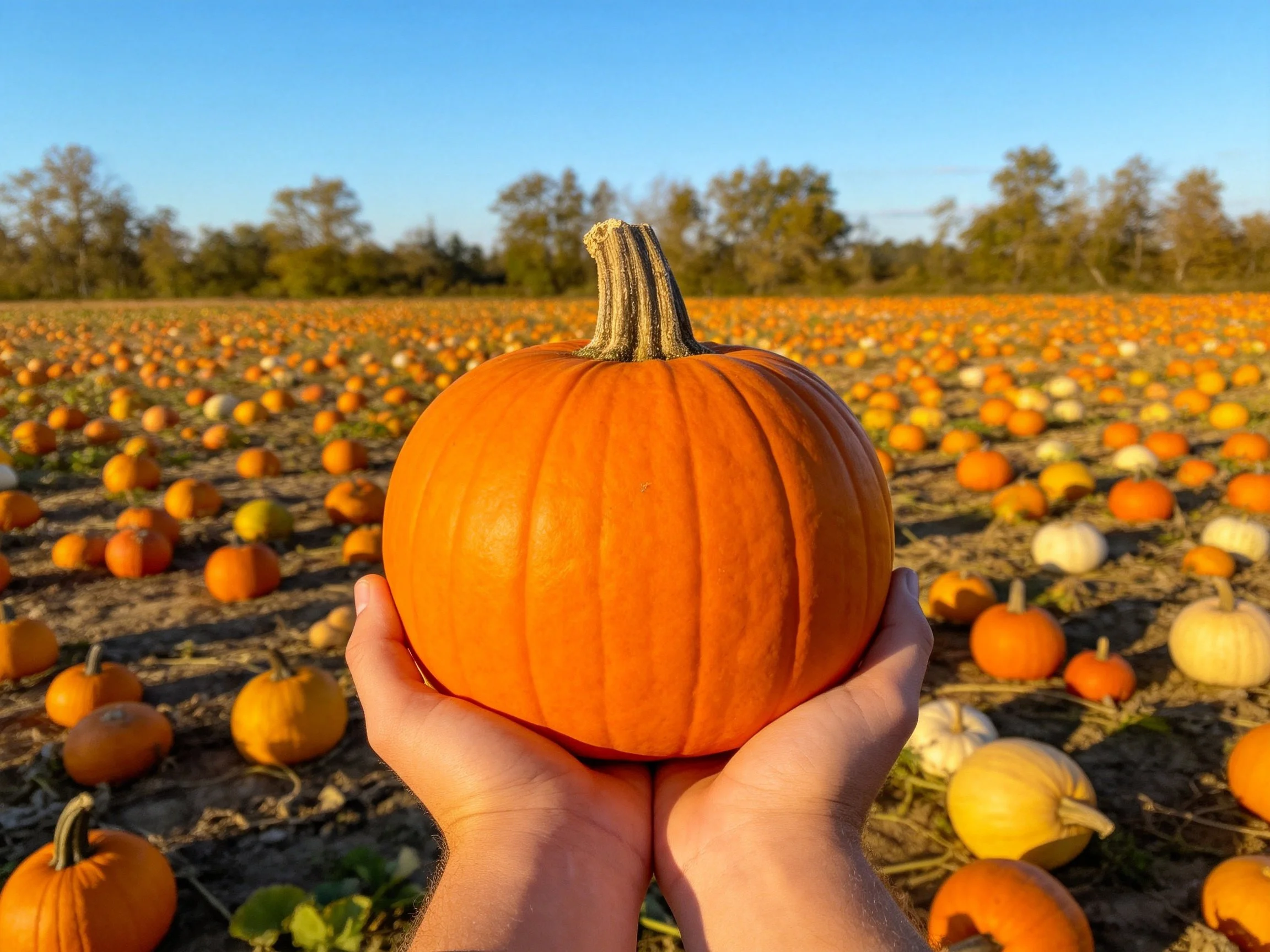 Hands hold a large orange pumpkin amid a sprawling pumpkin patch.