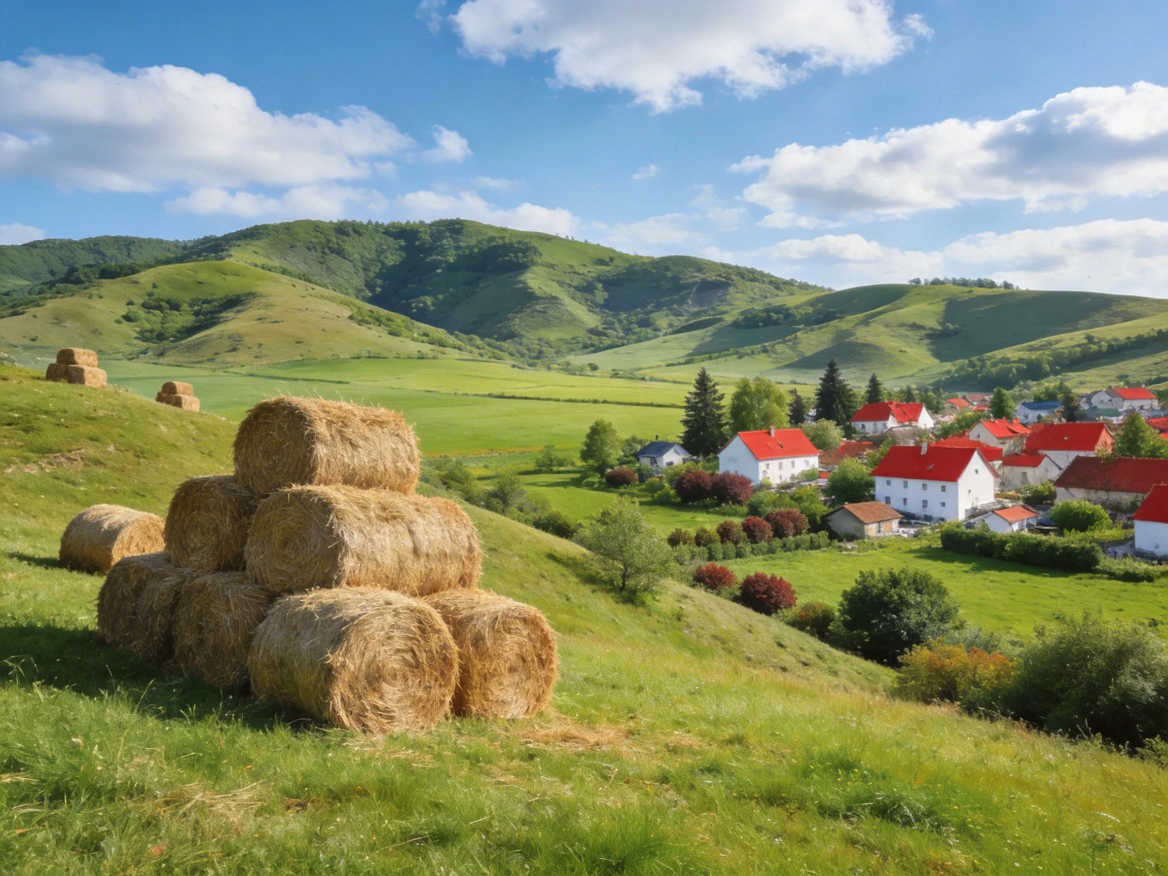 Hay Bales on Green Hillside with Red-Roofed Village and Rolling Hills